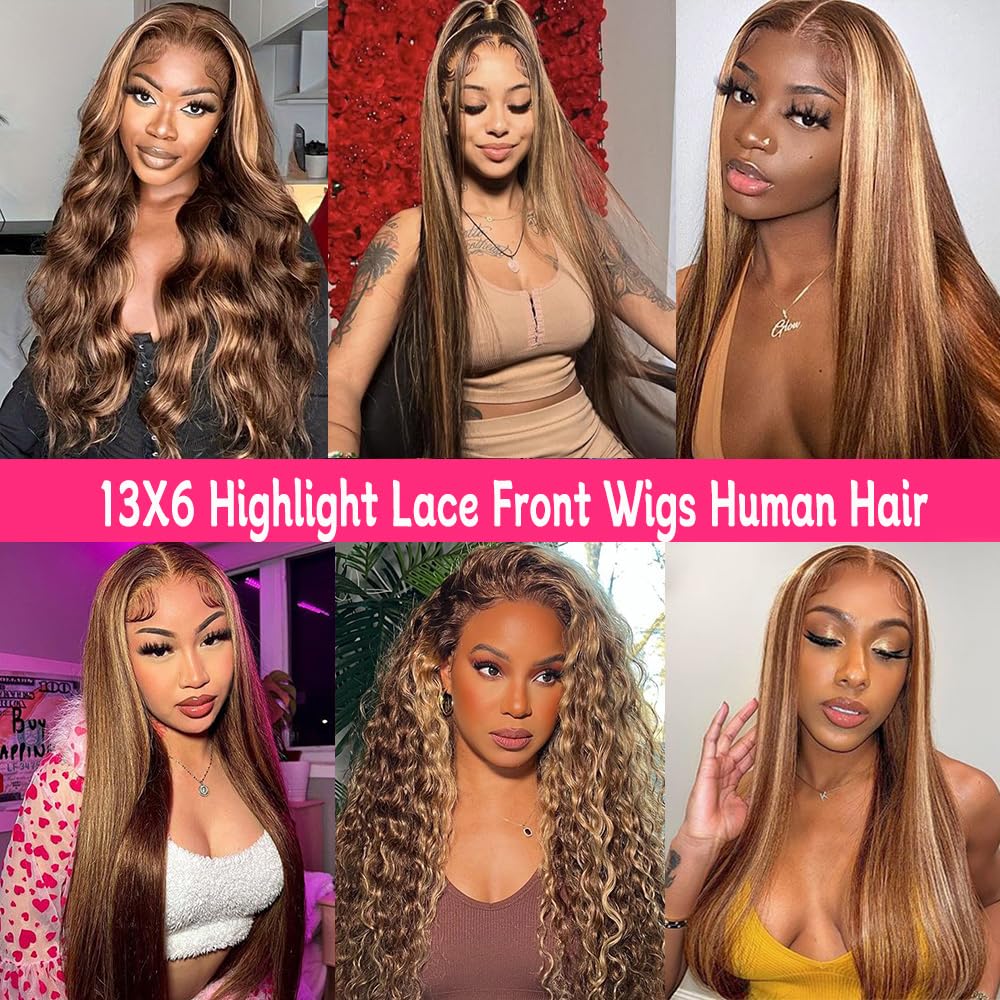 Highlight Ombre Lace Front Wig Human Hair 28Inch Honey Blonde Lace Front Wigs Human Hair 13x6 HD Lace Front Wig Human Hair 180% Density 4/27 Colored Straight Human Hair Pre Plucked with Baby Hair - Image 6