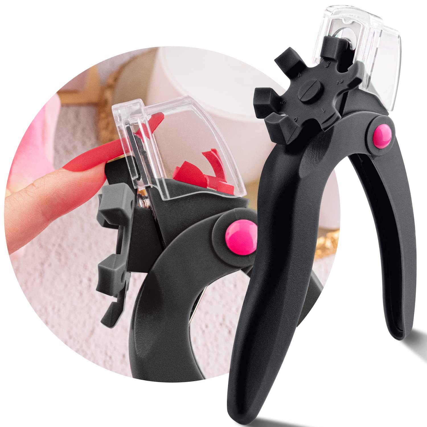 Adjustable Acrylic Nail Clippers with Sizer, Catcher and Length Measurement, Black Professional Dial Stainless Steel Blade Nail Tips Cutter, Fake Nail Trimmer, Manicure Tool for Salon Home