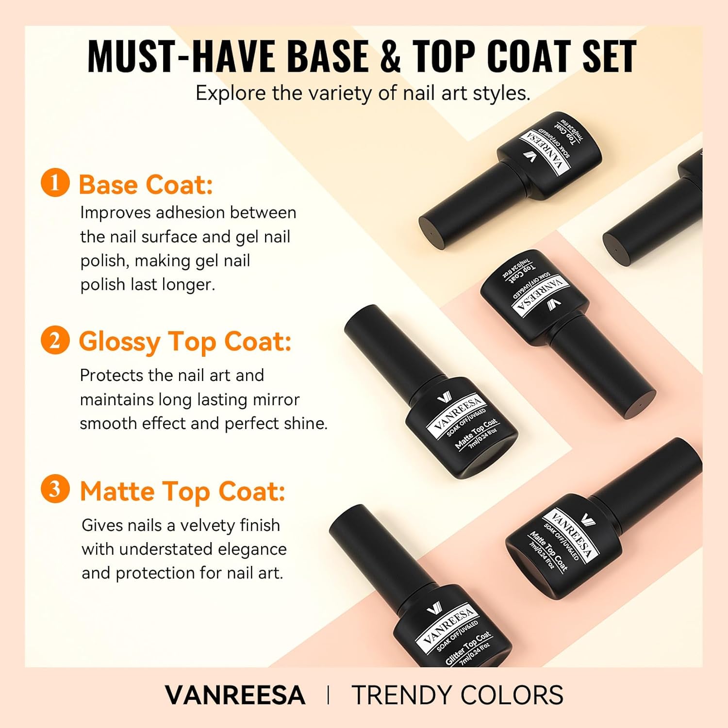 VANREESA 24 Pcs Gel Nail Polish Set, 21 Colors Bright Gel Polish with Base Coat Glossy & Matte Top Coat Red Orange Yellow Green Blue Pink Purple Gel Polish Kit Nail Kit Gifts for Women - Image 5