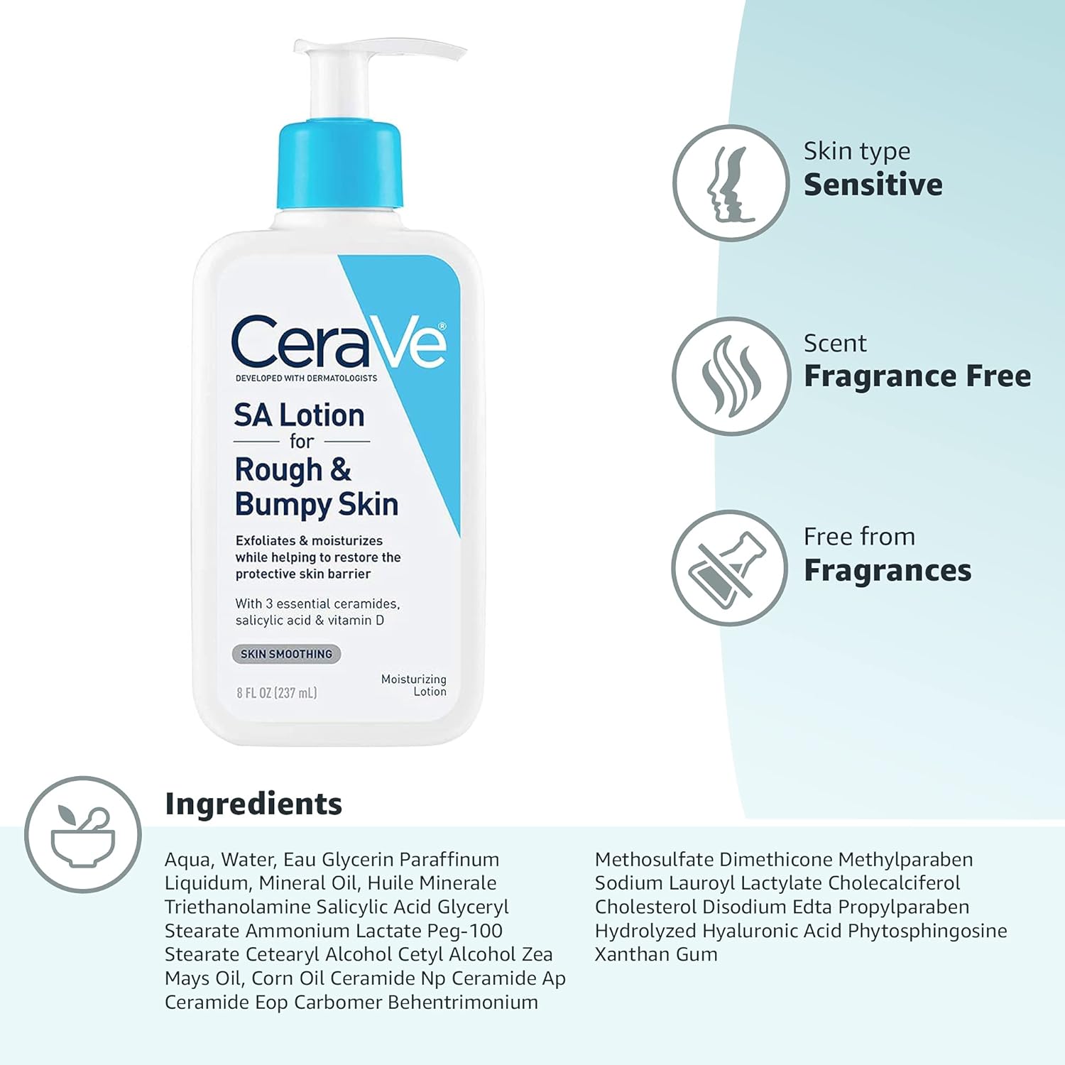 CeraVe SA Lotion for Rough & Bumpy Skin, Vitamin D, Hyaluronic Acid, Lactic Acid & Salicylic Acid Lotion, Fragrance Free & Allergy Tested, 8 Ounce - Image 10