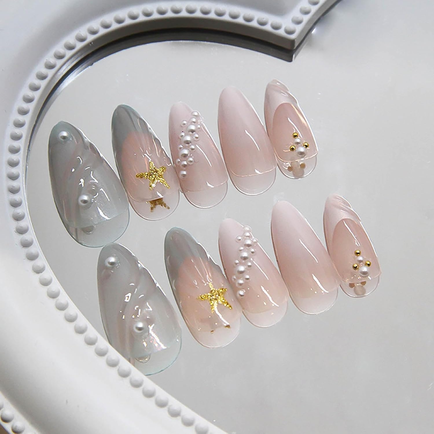 Almond Press on Nails Medium Fake Nails Blue White French Tip False Nails with 3D Shell Star Designs White Ombre Nail Press ons Glossy Glue on Nails Cute Stick on Nails for Women 24Pcs - Image 3