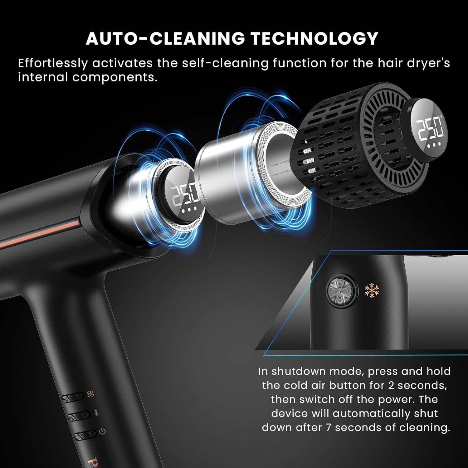 Professional High-Speed Hair Dryer with Diffuser Nozzle Low Noise Fast Drying Ion Blow Dryer Hair Care Intelligent Heat Airflow Control with LCD Display Travel Hair Dryer for All Hair Types - Image 6