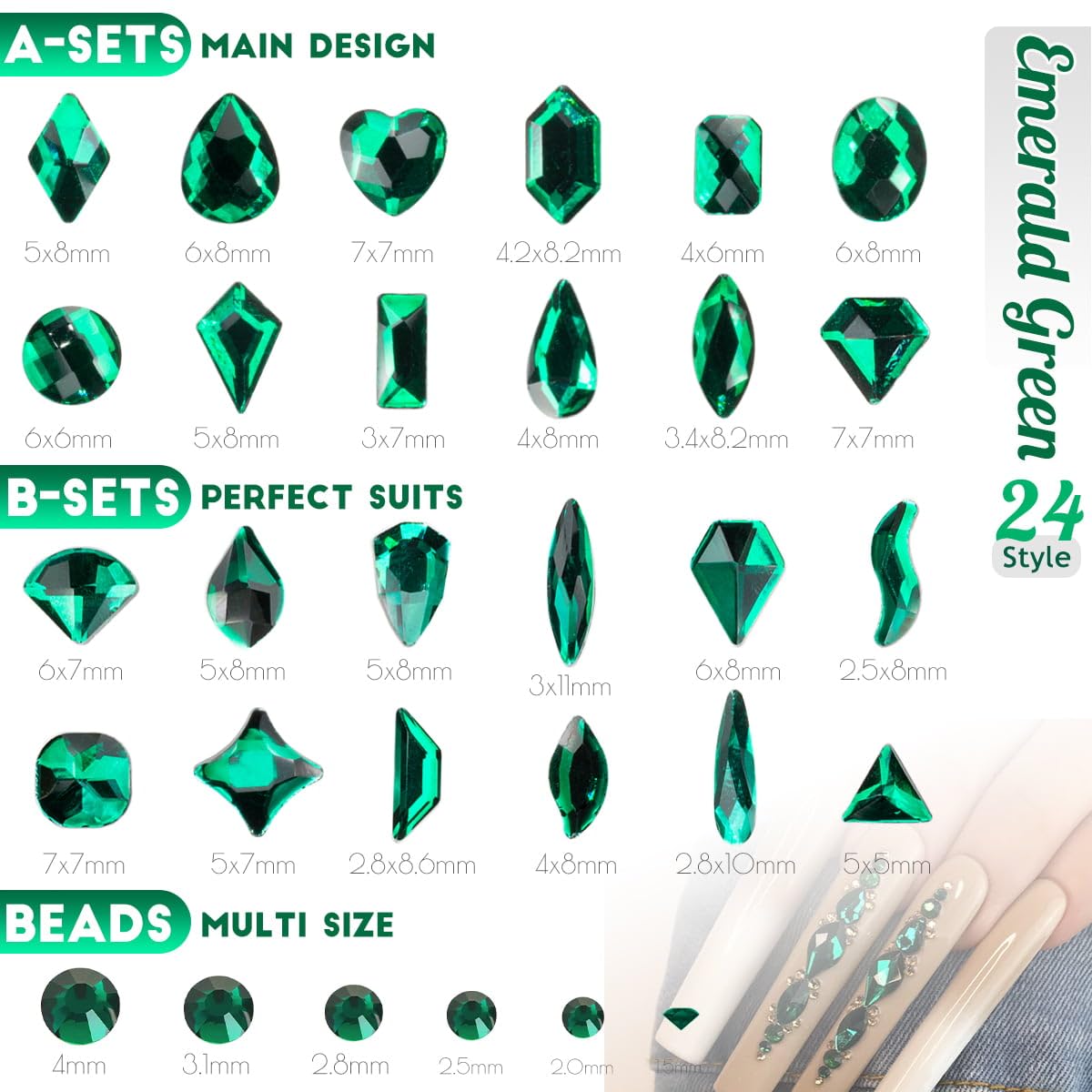 4 Boxes Emerald Green Rhinestones Glitters 24 Shapes K9 Glass Gems Stones Flatback Round Diamonds Crystals Nail Art Charms Supplies for Nails Faces Eyes Makeup Body DIY Crafts Tumblers Bottles - Image 3