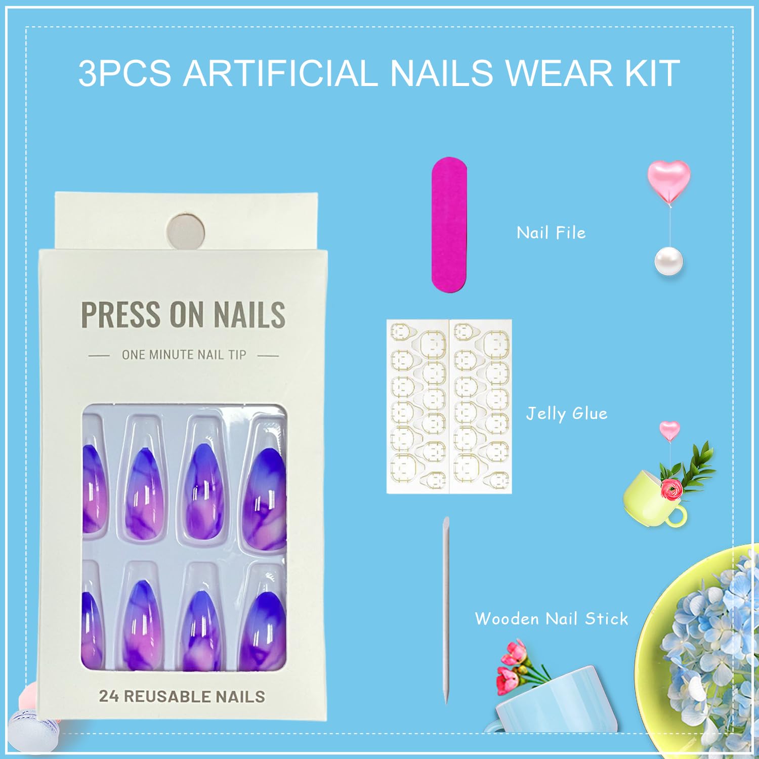 Purple Marble Texture Press on Nails Medium Almond Fake Nails Glossy False Nails Full Cover Stick on Nails Acrylic Artificial Nails for Women Girls Glue on Nails 24Pcs - Image 5
