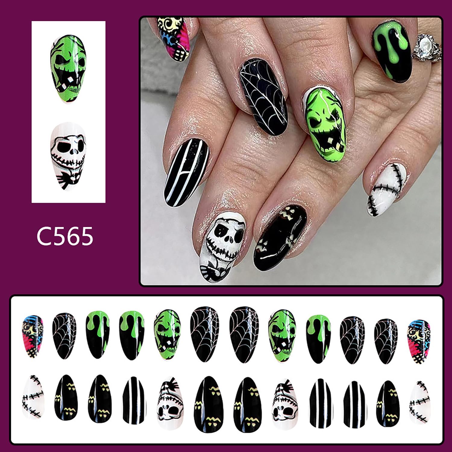 24 Pcs Halloween Press on Nails Medium Almond Fake Nightmare Before Christmas Acrylic With Spider Web and Green Monster Face Designs Glossy False Stick on for Women Girls - Image 2