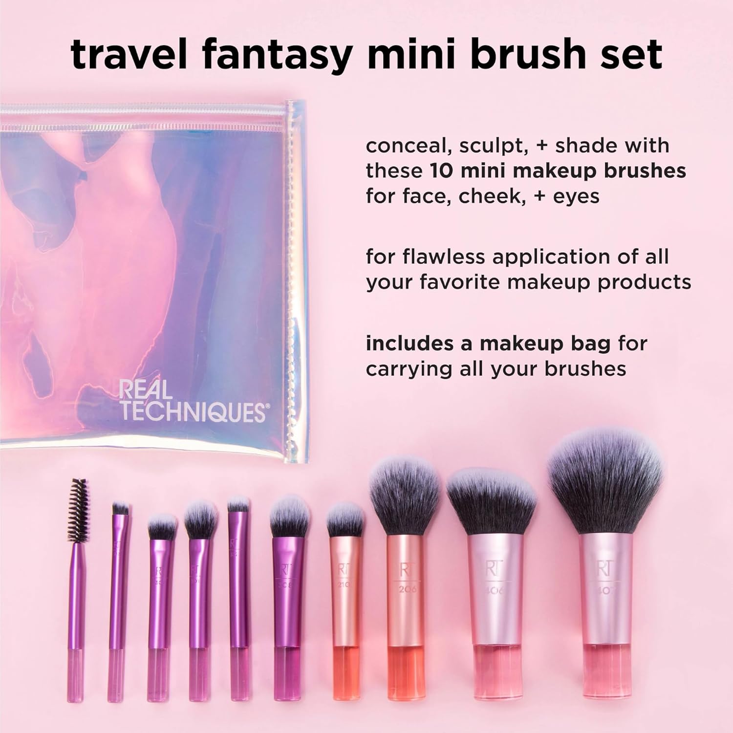 Real Techniques 11 Piece Travel Fantasy Mini Brush Set, Travel Size Makeup Brushes For Foundation Eyeshadow, Powder, Blush, Contour, & Concealer, Makeup Bag Included, Gift Set, Cruelty-Free - Image 2