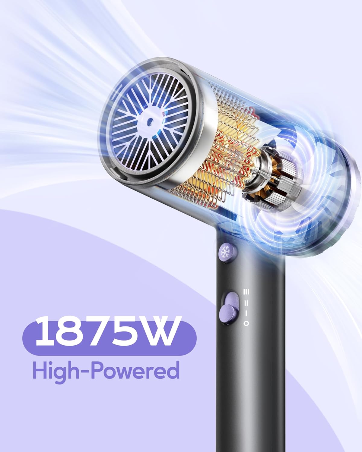 Wavytalk Hair Dryer with Diffuser 1875W Ionic Blow Dryer for Fast Drying with Concentrator Lightweight, Purple. - Image 2