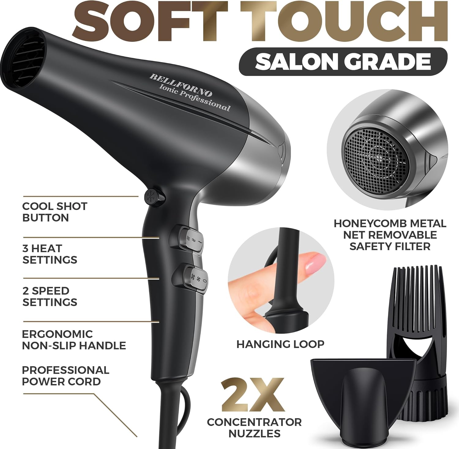 Fast-Dry 2200W Negative Ionic Ceramic Hair Dryer Tourmaline Technology - Lightweight & Quiet Professional Salon Blow Dryer with ADC Motor - hairdryer - Image 5
