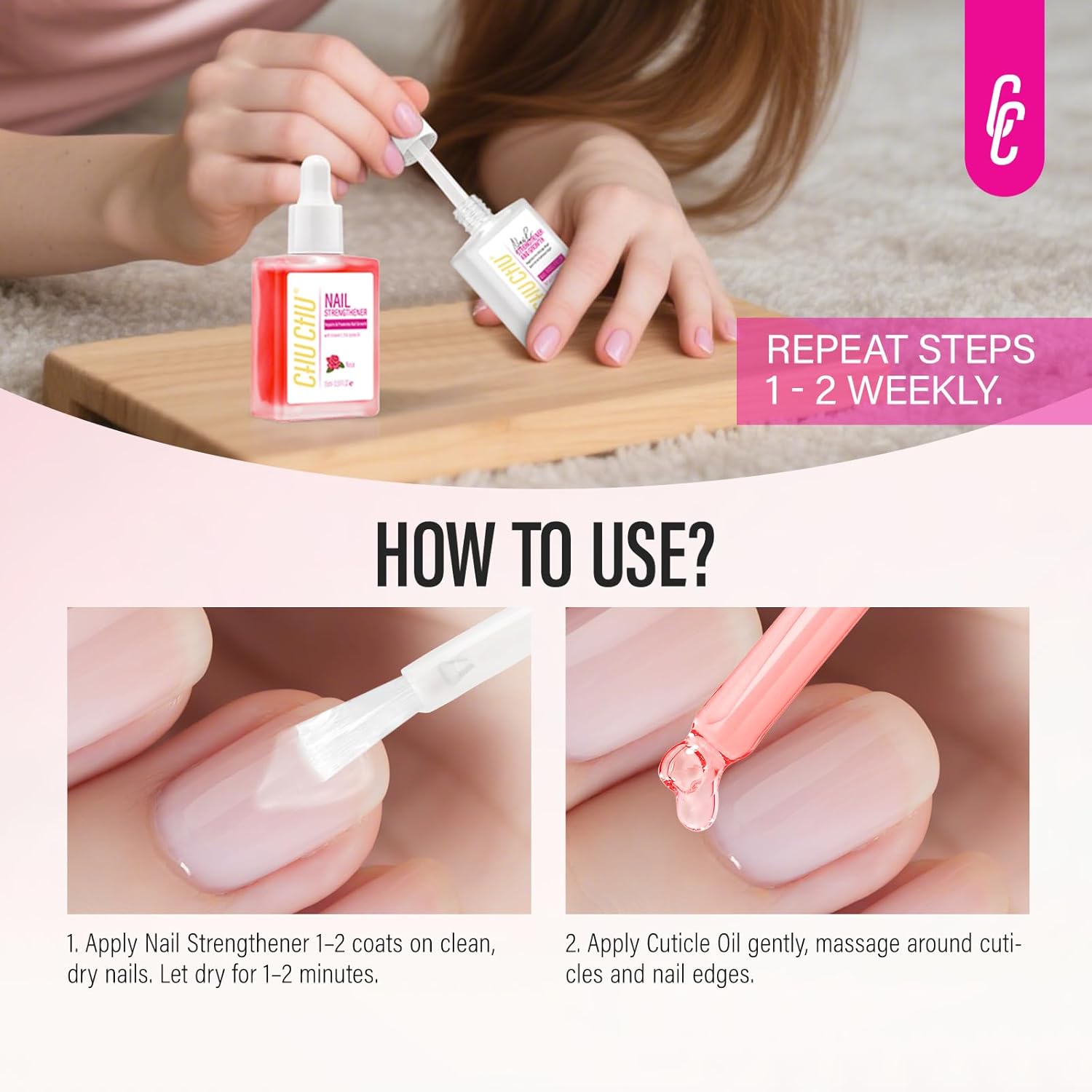 2-in-1 Nail Strengthener and Rose Cuticle Oil Set Clear Polish Growth and Repair - Image 7
