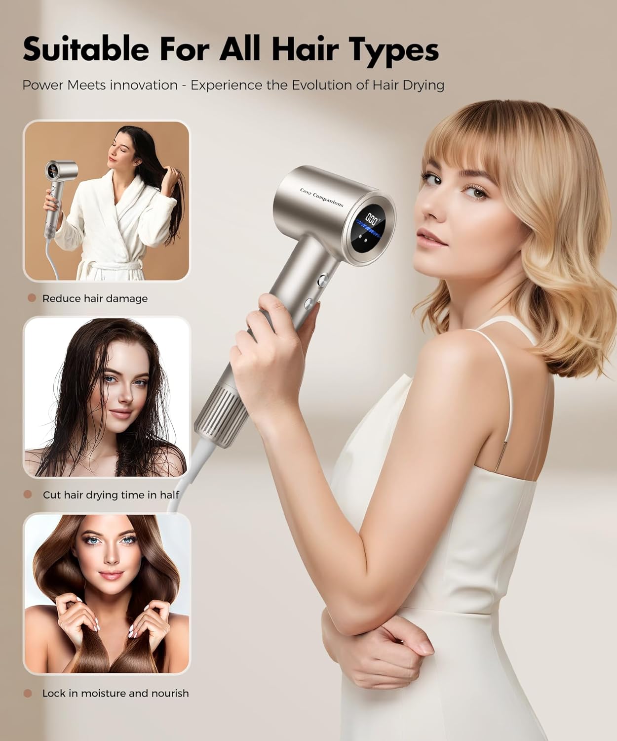 Hair Dryer, 150000RPM High-Speed Hairdryer for Fast Drying, Low Noise, HD Display, 5 Temps & 2 Speeds, 500 Million Negative Ionic Blow Dryer with Diffuser & Nozzle, Gold - Image 5