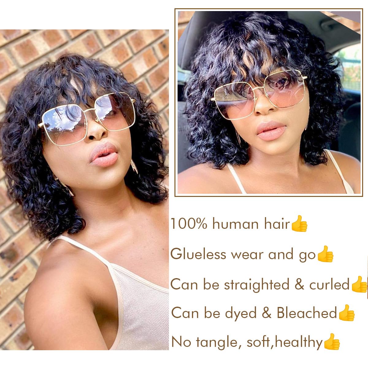 12inch short water wave wig with bangs glueless wear and go, 100% human hair wigs for black women, machine made, no lace, light and comfortable (wavy/natural black, 12 inches) - Image 2