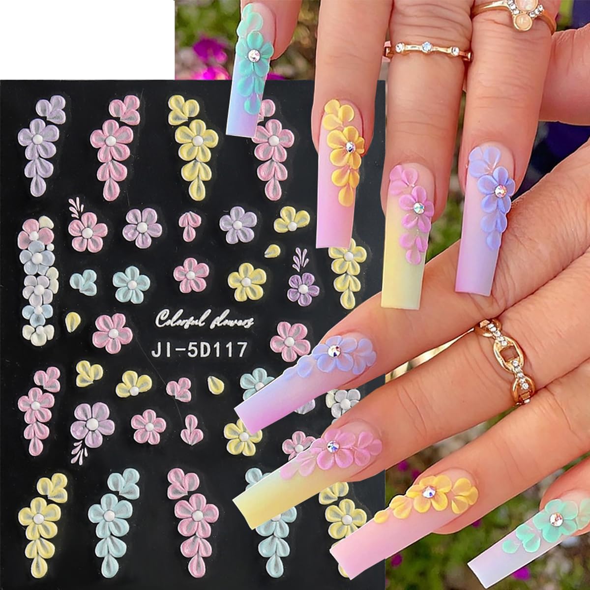 Flower Nail Art Stickers 5D Embossed Pink White Flower Nail Decals Luxury Colorful Five Petal Floral Nail Design Stickers Summer Butterfly Nail Art Supplies Heart Nail Stickers for Women Manicure-3Pcs - Image 2