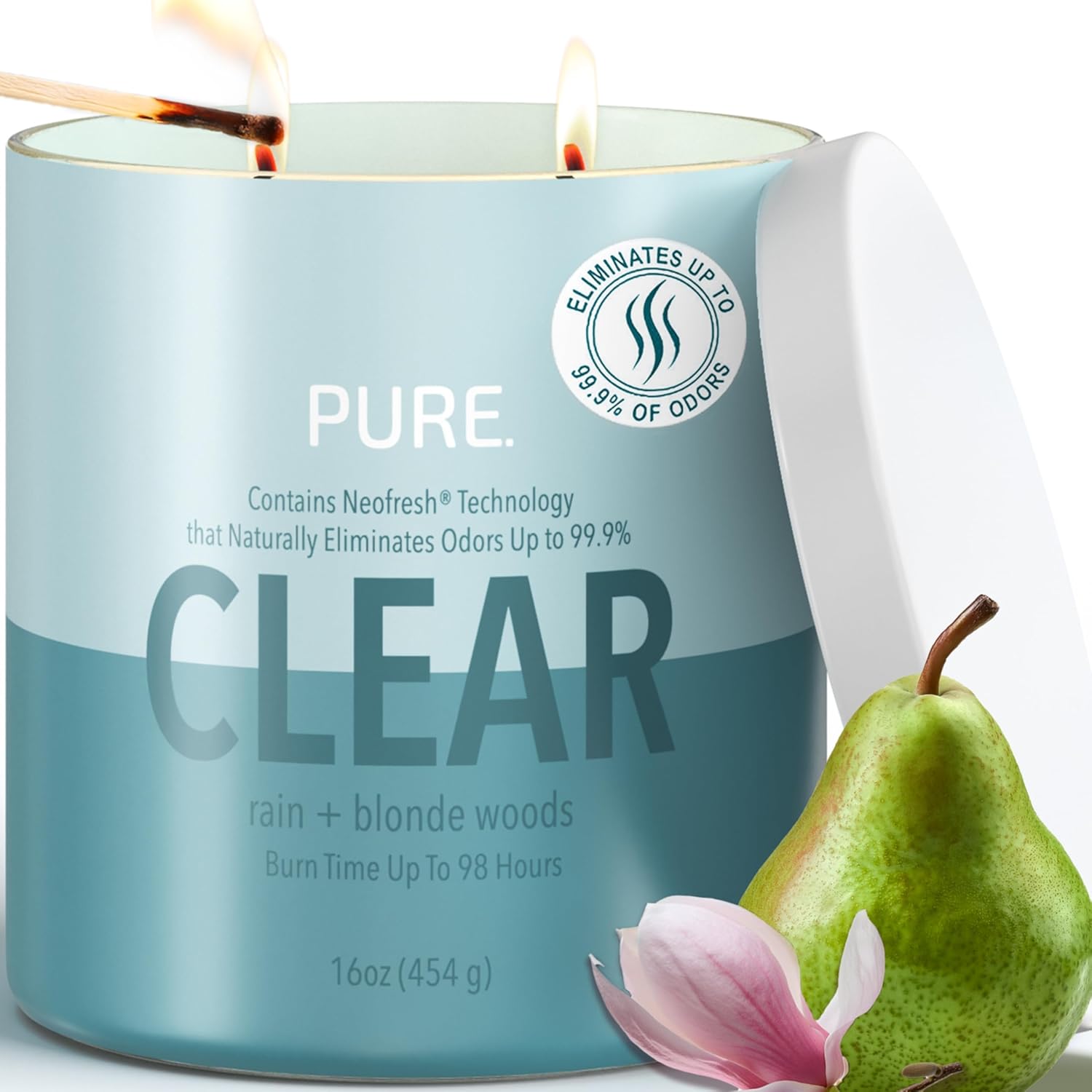 Candle-Lite Pure Rain & Blonde Woods Odor Eliminating Scented Candles, Neofresh Technology Eliminates 99.9% of Odors, 16 oz 2-Wick Jar, Proudly Poured in The USA, 44-60 Hours Burn Time
