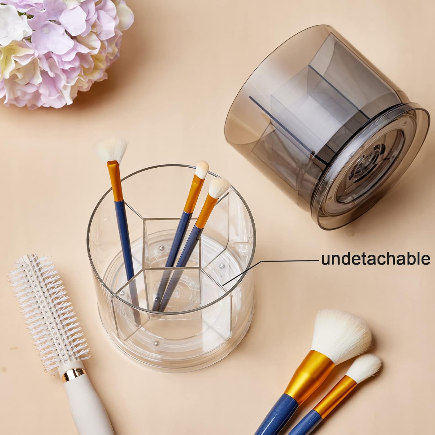 Makeup Brush Holder Organizer -Rotating 360° Clear Storage Cup Containers for Vanity, Desk, Countertop, Spinning Pen Holder for Desk, Round Make up Brush Stand with 5 Slots, for Cosmestics (Clear) - Image 7