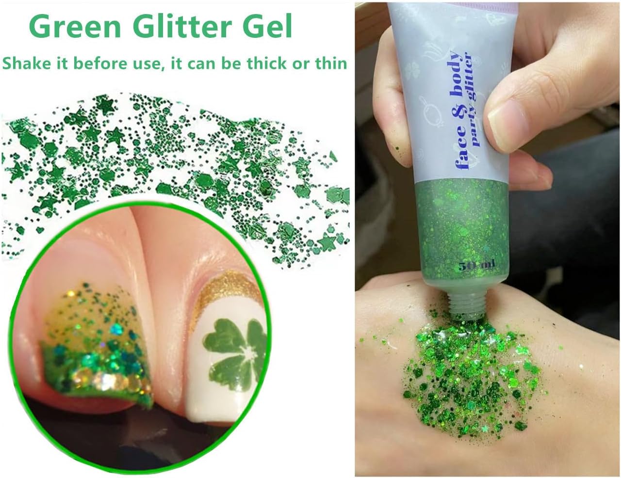 Go Ho Green Face Body Glitter,St Patricks Day Face Glitter Makeup,Green Face Paint Holographic Chunky Sequins Glitters for Eye Lip Hair Nails,Festival Rave Accessories,52g - Image 5