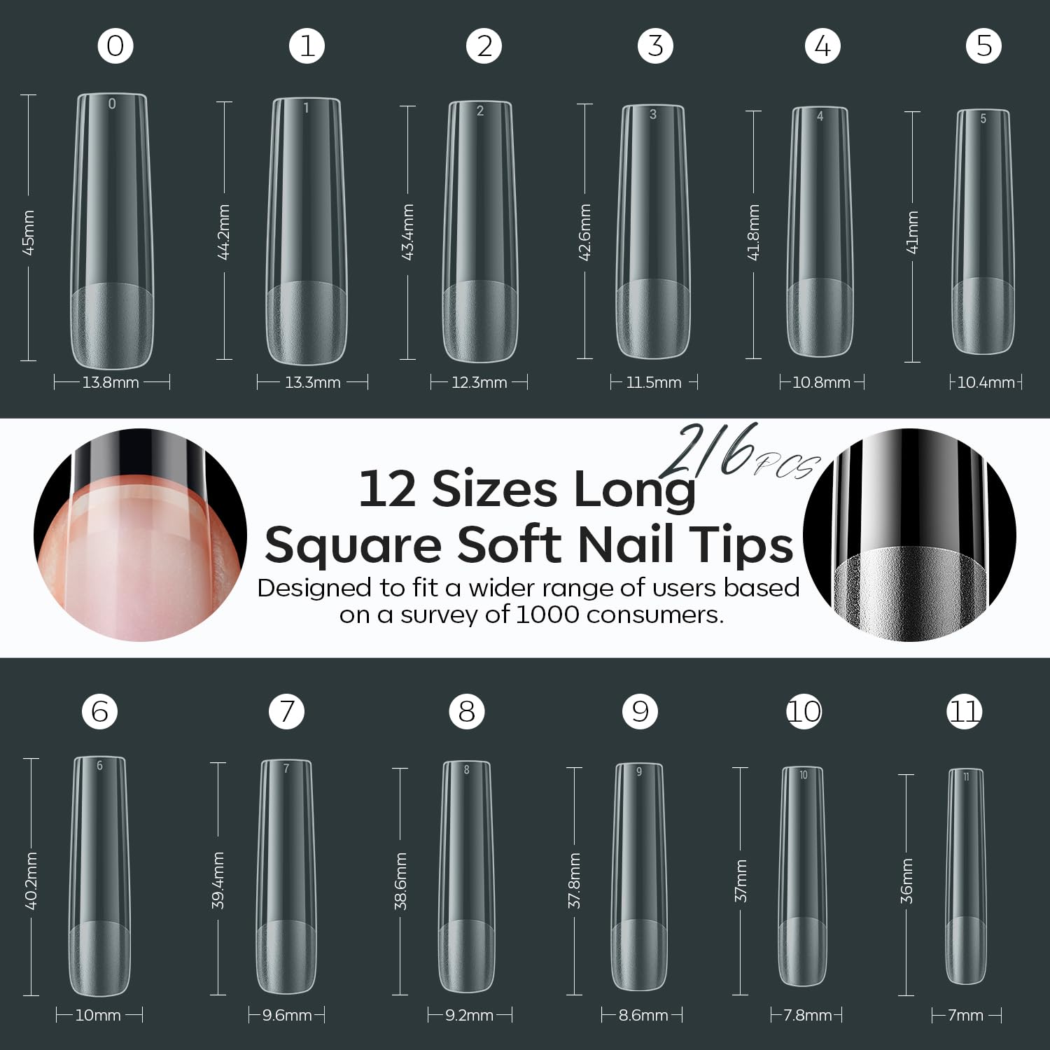 modelones XXL Long Square Nail Tips, Pre-shaped Soft Gel Tips Fake Nails False Acrylic Clear Full Cover Press on Extension Kit Gel Manicure DIY at Home 216PCS 12Sizes - Image 6