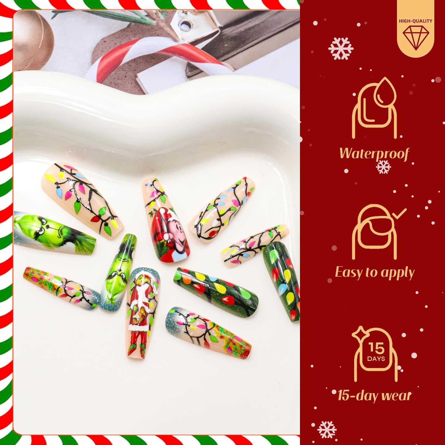 24 Piece Medium Square Winter Acrylic Christmas Press On Nails Set for Women - Image 4