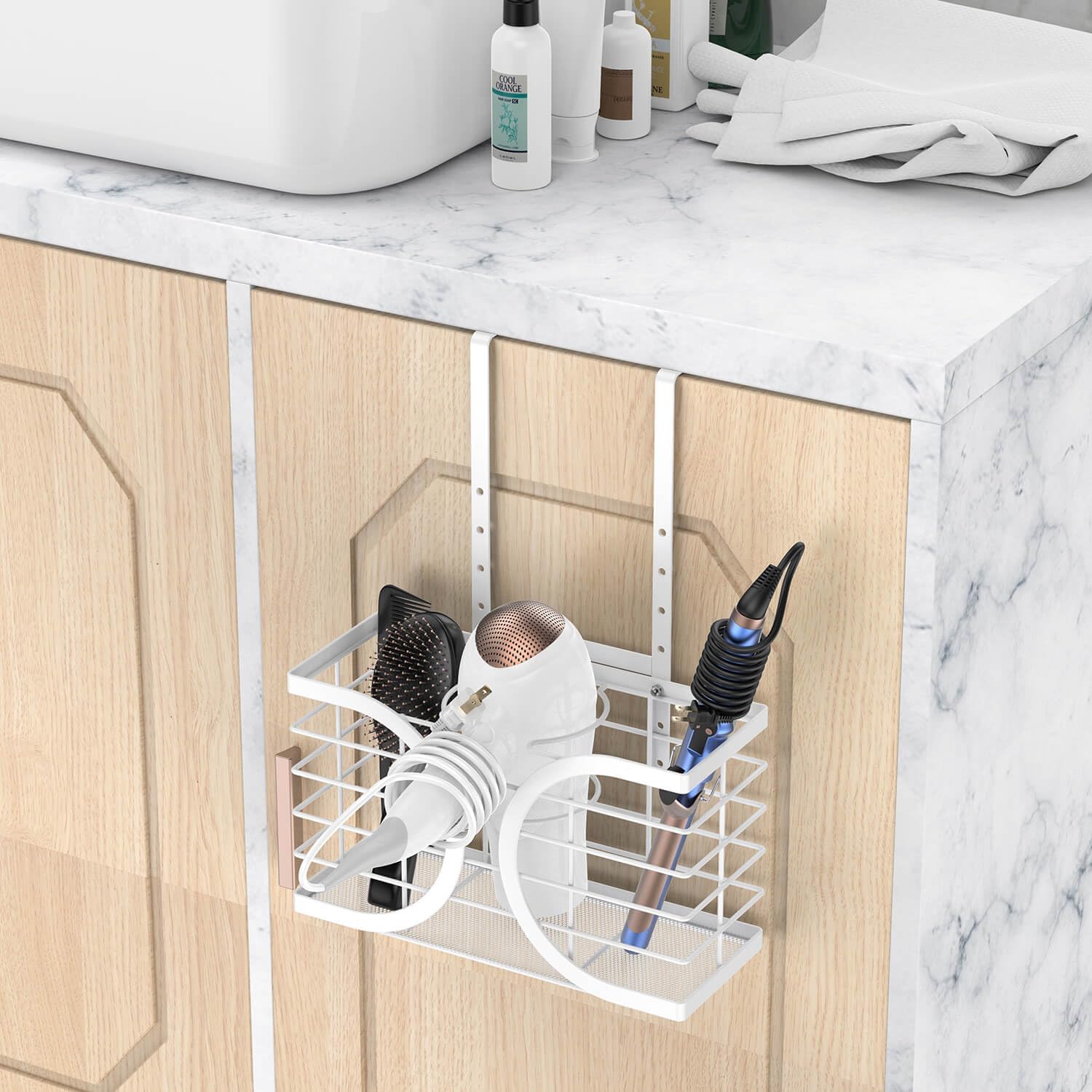 Hair Dryer Holder 3in1 Hair Tool Organizer/Wall Mounted,Cabinet Door or Desk-based Blow Dryer Holder/Height-adjustable Curling Iron Holder/Bathroom Cabinet Organizer for Flat Irons Curling Wand - Image 6
