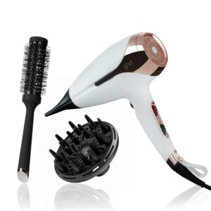 ghd Helios Essentials Trio ― 1875w Helios Hair Blow Dryer (White), Professional Hair Dryer Diffuser for Perfectly Formed Curls & Waves, and The Blow Dryer - Ceramic Radial Brush Size 2