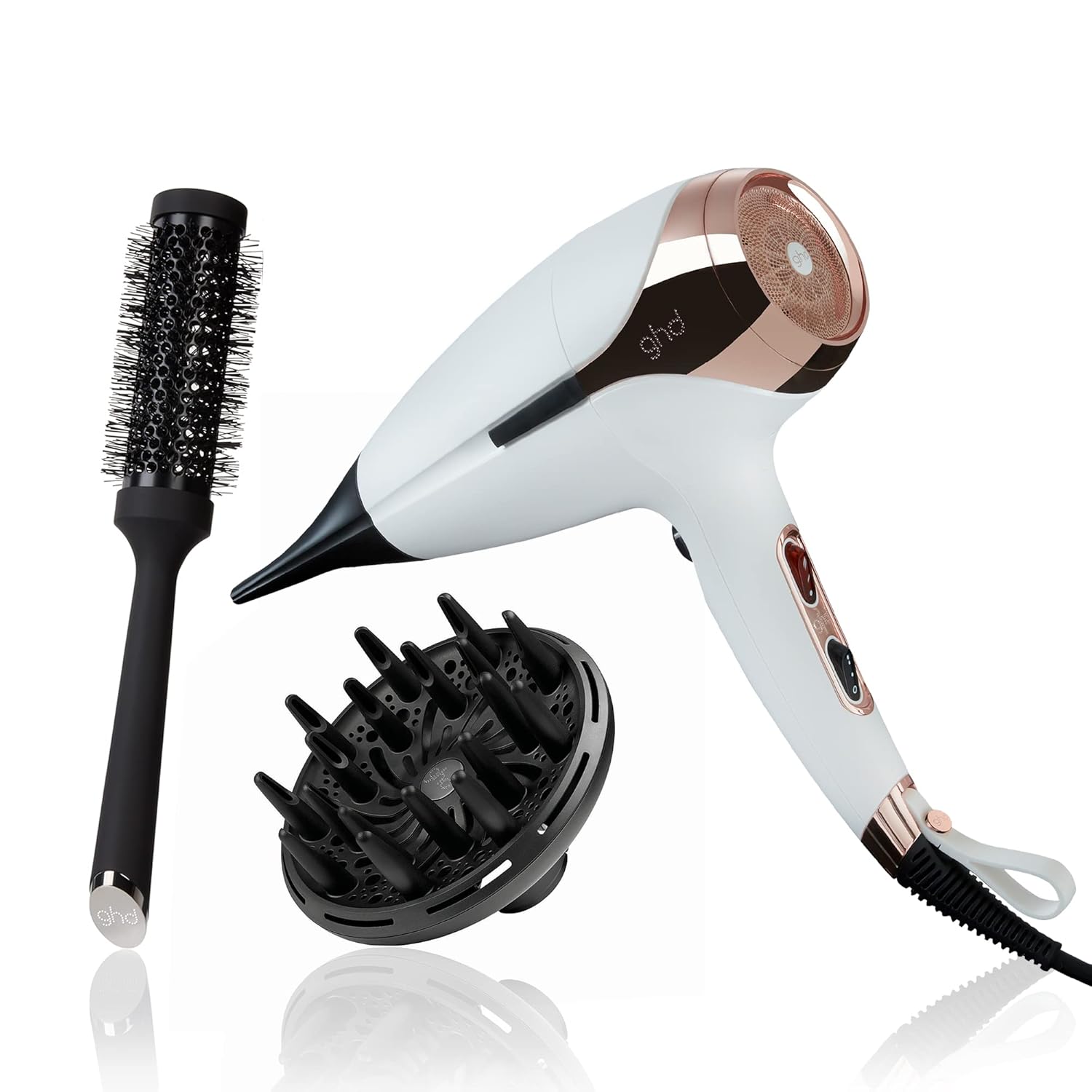 ghd Helios Essentials Trio ― 1875w Helios Hair Blow Dryer (White), Professional Hair Dryer Diffuser for Perfectly Formed Curls & Waves, and The Blow Dryer - Ceramic Radial Brush Size 2