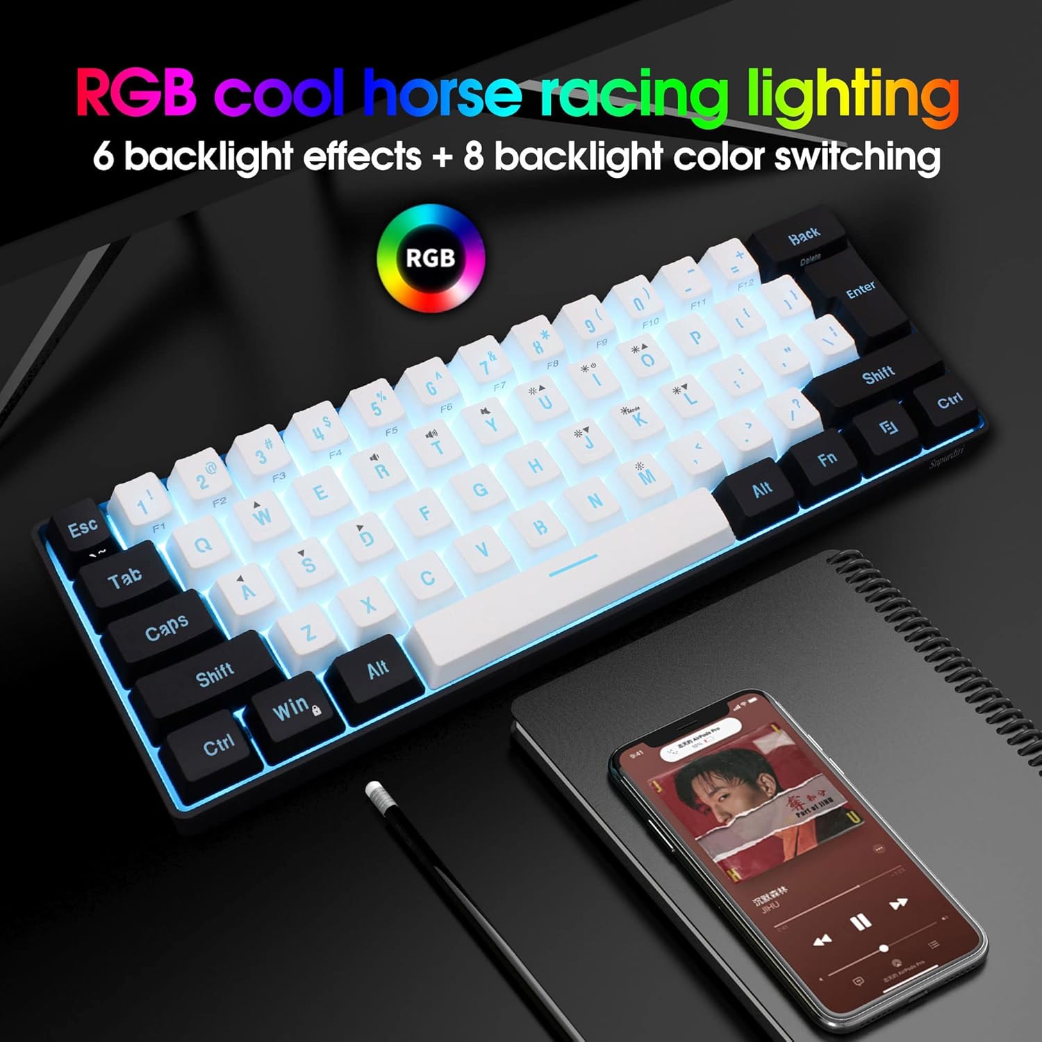 Snpurdiri 60% Wired Gaming Keyboard, 61 Keys RGB Backlit Ultra-Compact Small Gaming Keyboard, for PC/Mac Gamer, Typist, Travel, Easy to Carry on Business Trip(Black-White) - Image 4