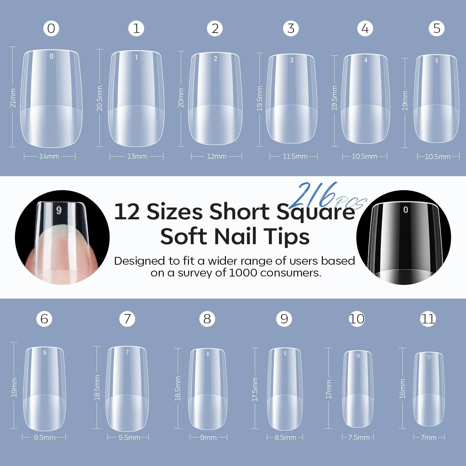 modelones Short Square Nail Tips, Pre-shaped Soft Gel Tips Fake Nails False Acrylic Clear Full Cover Press on Extension Gel Kit Manicure DIY at Home 216PCS 12Sizes - Image 6