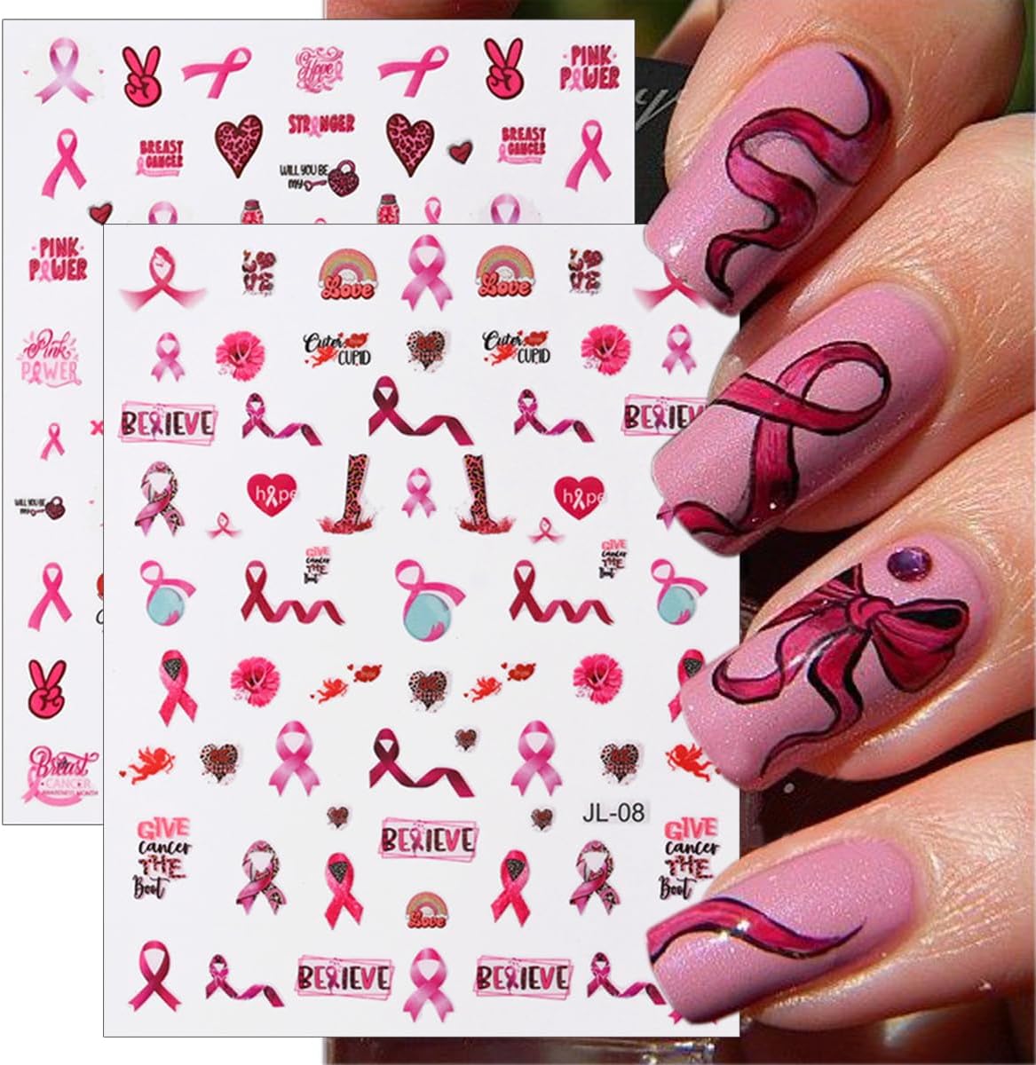 Breast Cancer Nail Art Stickers Pink Ribbon Nail Decals 3D Love Heart Bow Self-Adhesive Nail Design Sticker Breast Cancer Awareness Nail Art Supplies Sticker for Women DIY Manicure Decor Tips 6Sheets - Image 2