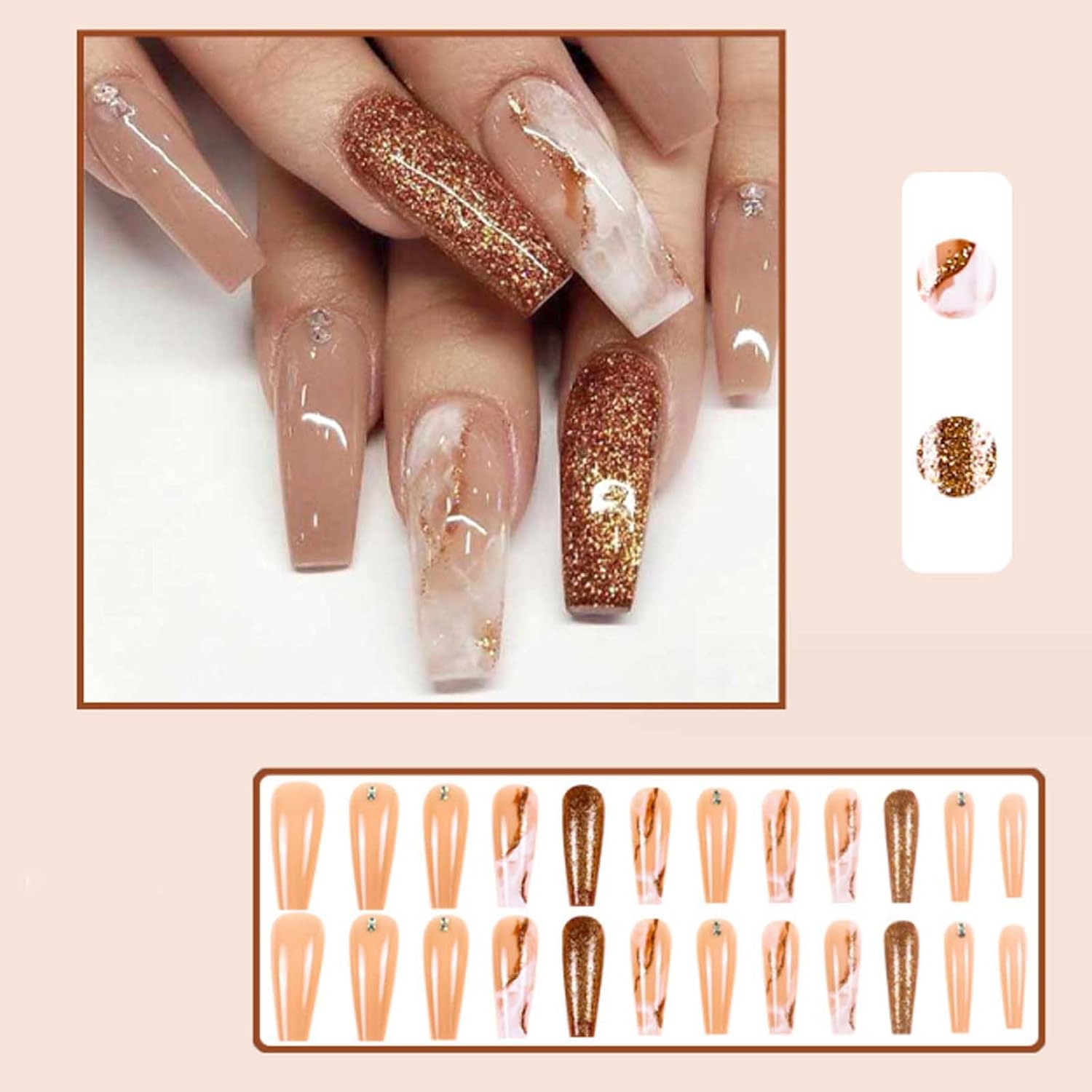 Long Press on Nails Marble False Nails Art Full Cover Acrylic Coffin Orange Fake Nails for Women and Girls 24PCS - Image 5