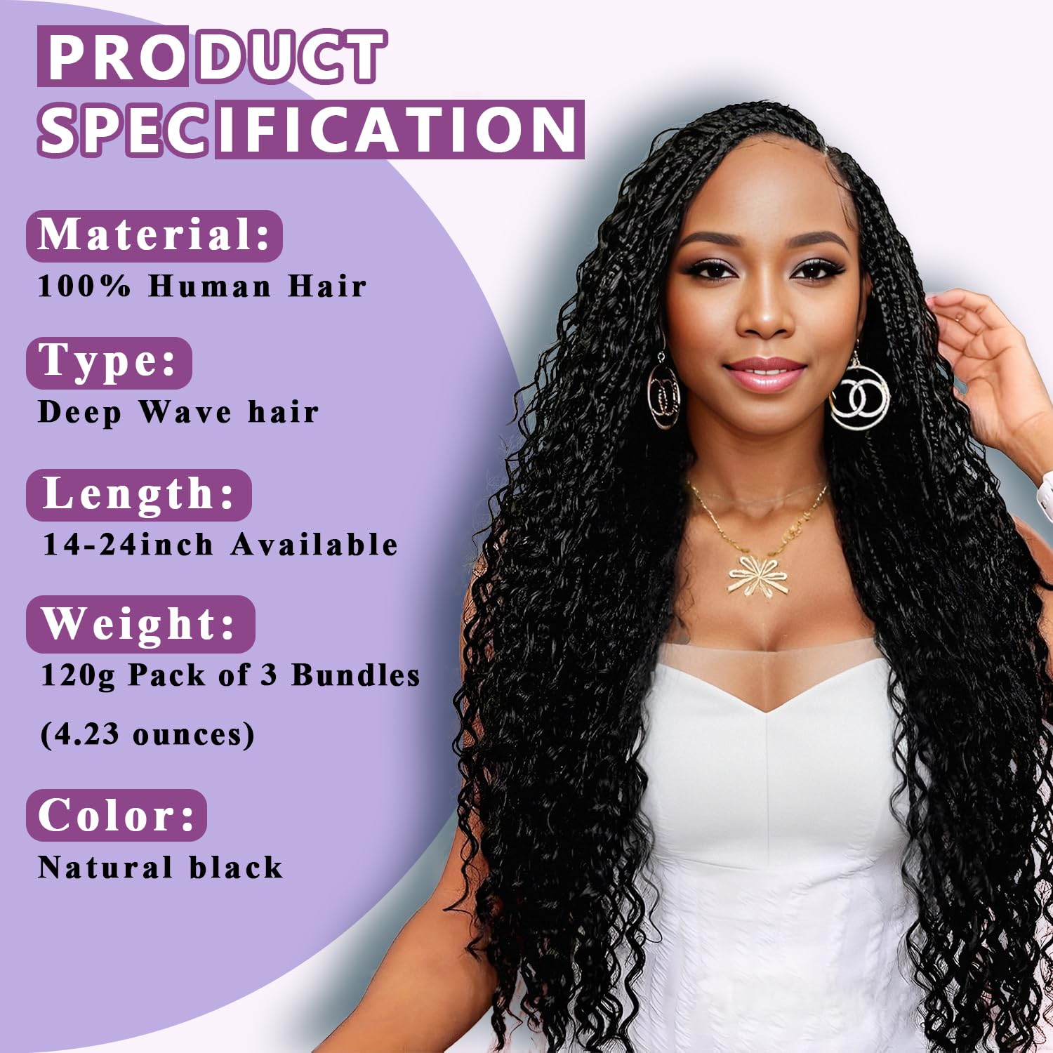Human Braiding Hair For Boho Braids 120g Deep Wave Bulk Human Hair for Braiding Knotless 12A 100% Unprocessed Brazilian Virgin Hair Extensions Bulk Bohemian 3 Bundles Natural Color 18inch - Image 3