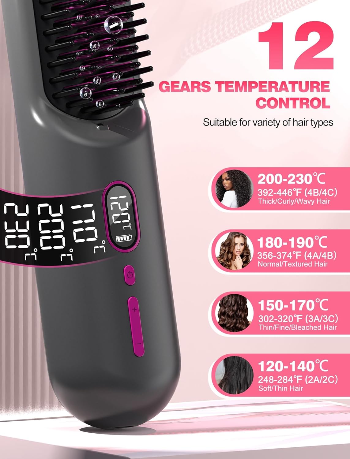 Cordless Hair Straightener Brush for Travel,Mini Hair Straightener Comb with Negative Ion,Portable hot Brush Hair Straightener for Women, Rechargeable 9600mAh Battery, Anti-Scald,12 Temp-Setting - Image 5