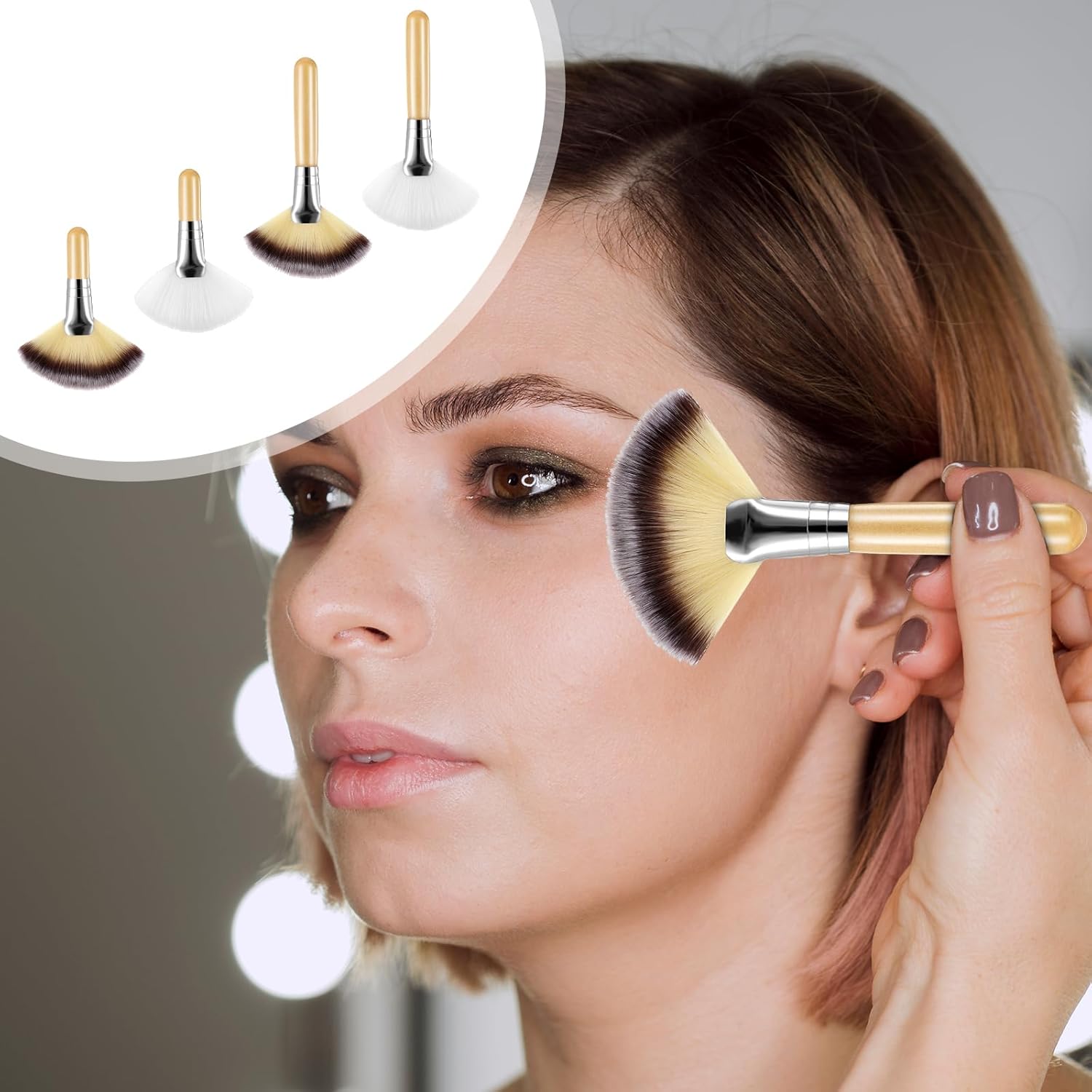 4 Pieces Facial Fan Brush Soft Synthetic Fibers Makeup Brush with Wooden Handle Blush Powder Cosmetic Applicator for Blending Face Highlighting Eyeshadow Buffing Portable Cosmetic Tool - Image 6