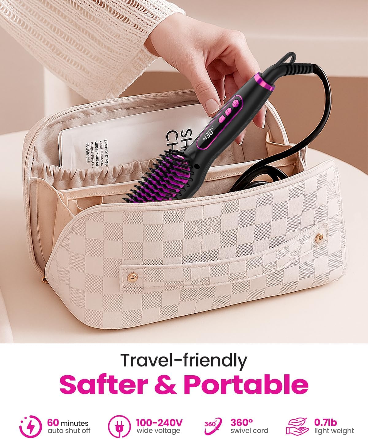 Mini Hair Straightener Brush Travel Size for Women,Dual Voltage Straightening Brush with Ceramic Heated Bristles,Adjustable Temperature&LED Display - Image 2