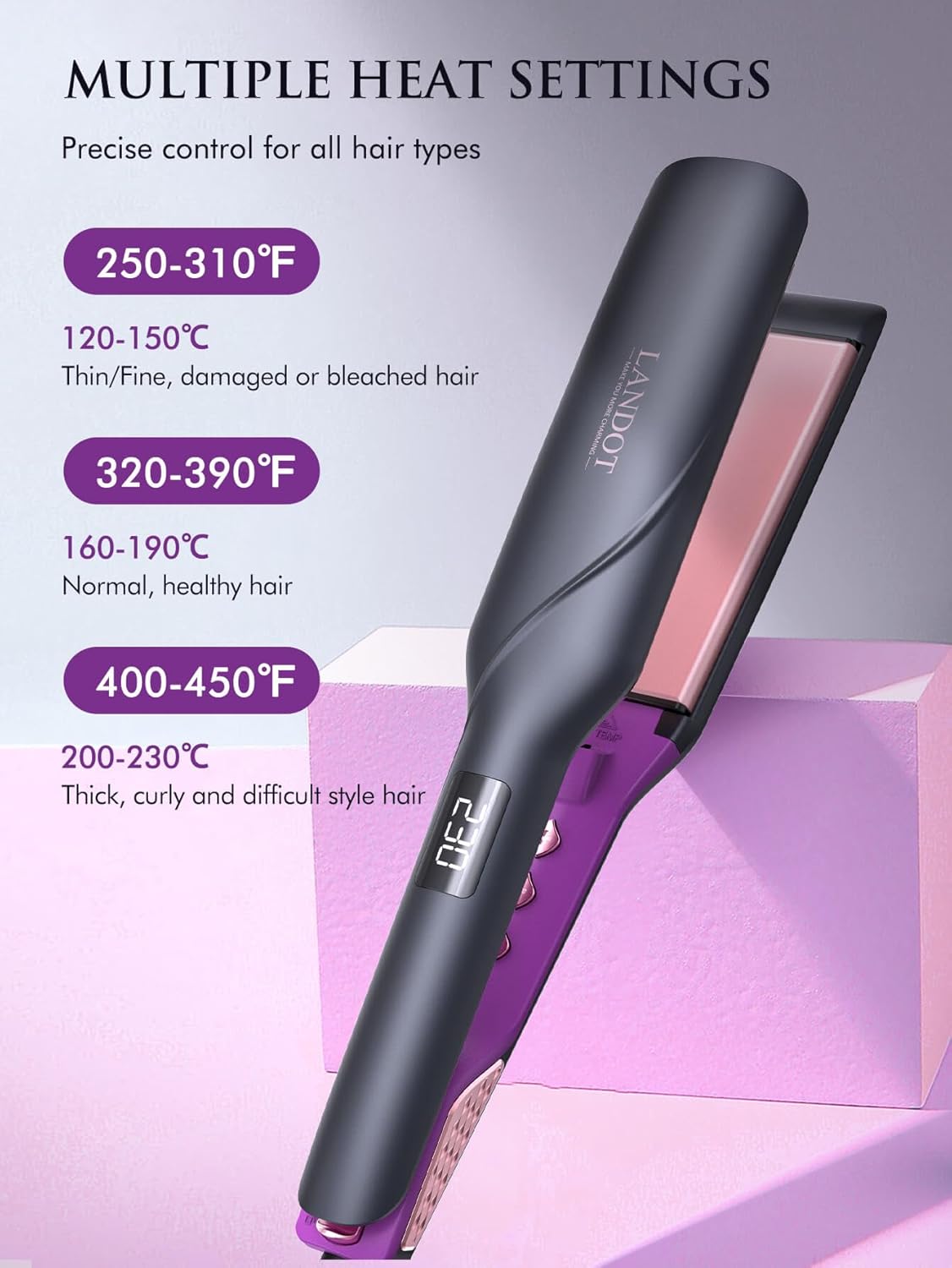 LANDOT Wide Flat Iron Hair Straightener for Fast Styling Thick/Long/Coarse Hair: 1-3/4 Inch Ceramic Straightener for Less Frizz, Smoother Shinier Results - Dual Voltage & 12 Temp Setting 250-450F - Image 4