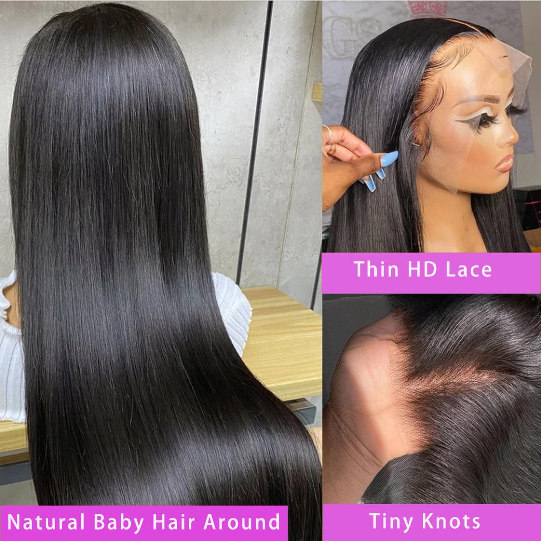 30 Inch 13x6 Straight Lace Front Wigs Human Hair Thin HD Glueless Pre Plucked Bleached Tiny Knots Full Lace Frontal Wig Upgraded 14A Soft Hair 200 Dentisty Black Wig - Image 3