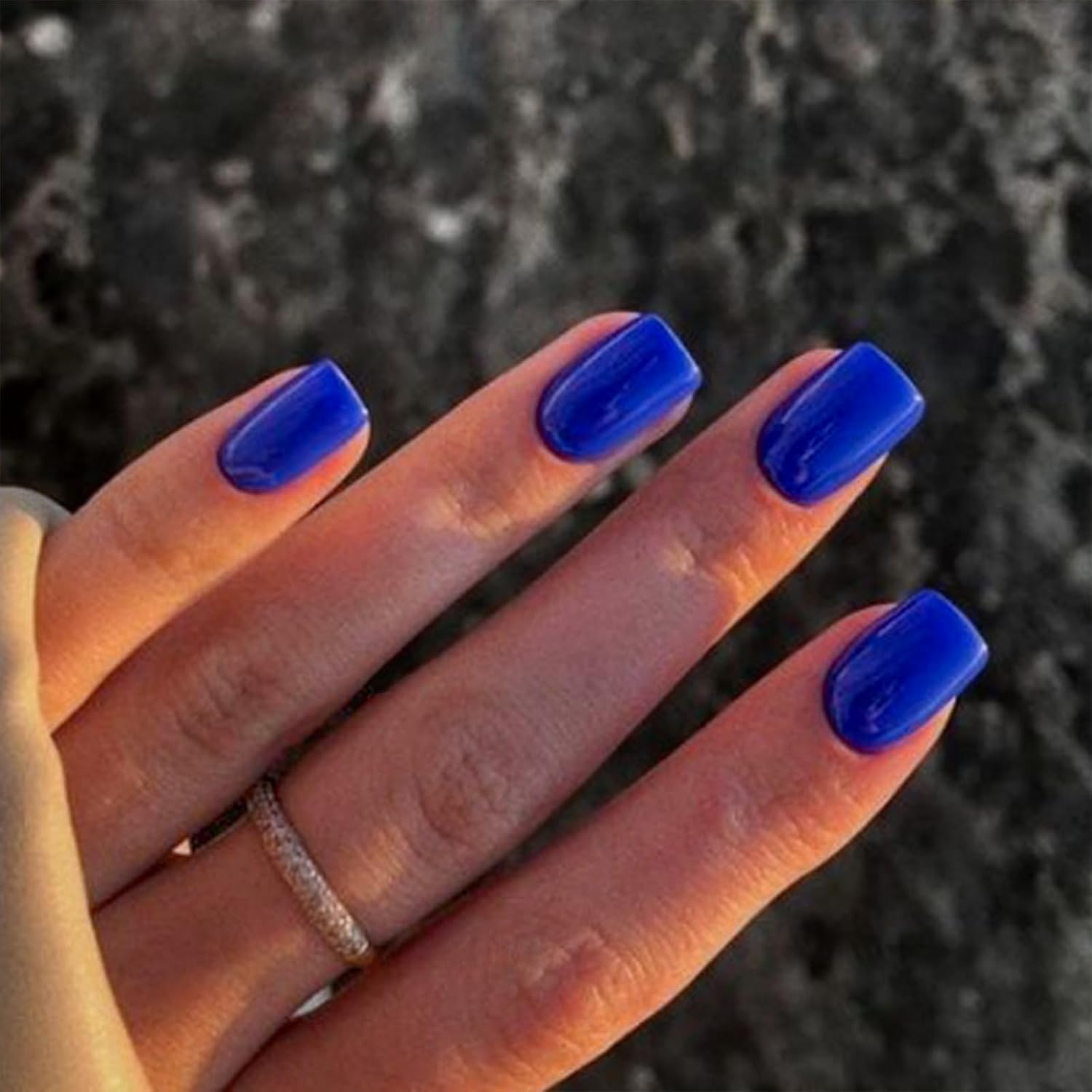 Royal Blue Press on Nails Short Square Fake Nails Glossy Chrome Glue on Nails Solid Dark Blue Color Acrylic Nails Press on Reusable Artificial False Nails Set for Women Girls 24Pcs