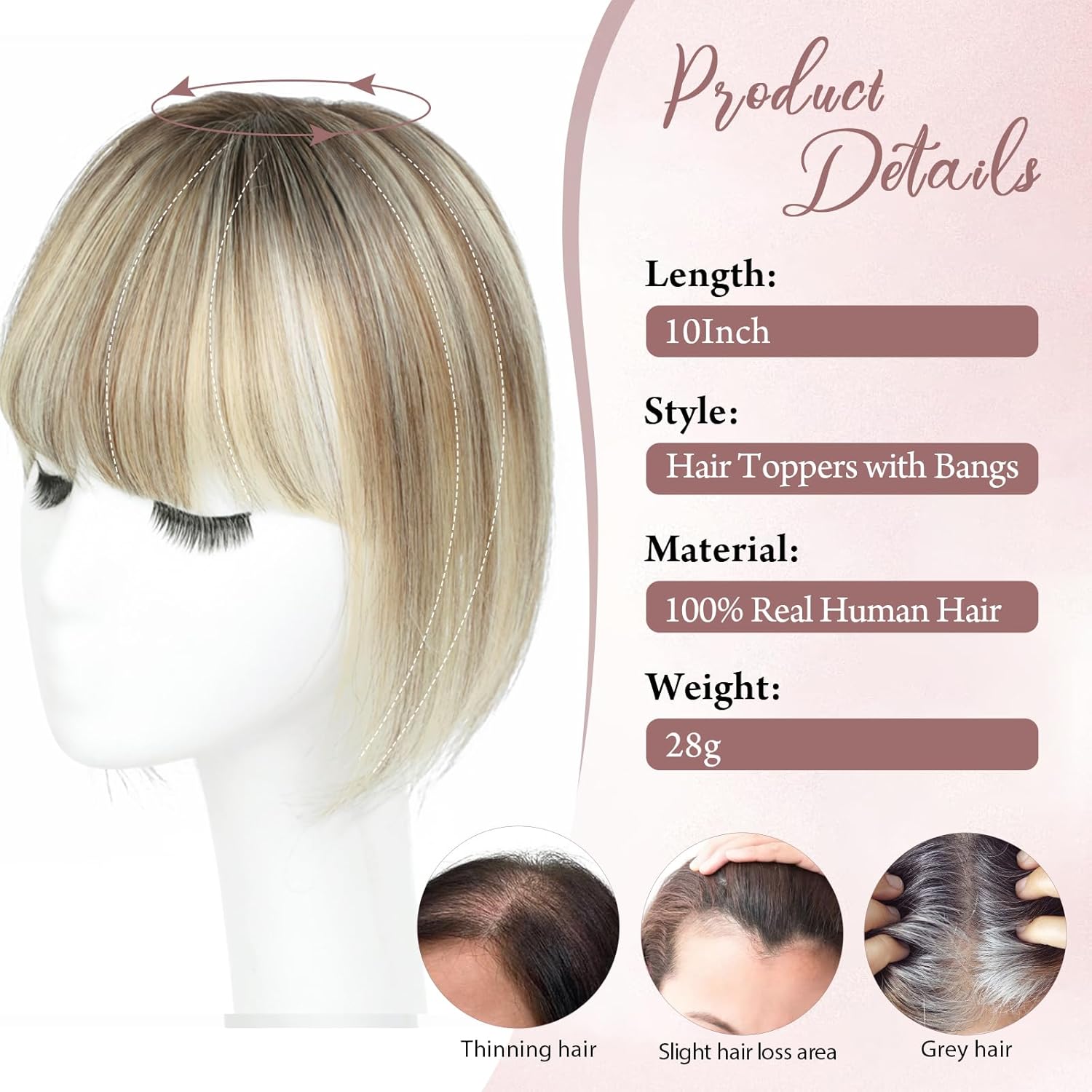 Hair Toppers for Women Real Human Hair Toppers for Women with Thinning Hair Pieces with Bangs Top Handmade Swiss Base HairPieces 10Inch (Ombre Light Brown with Blond Highlight) - Image 3