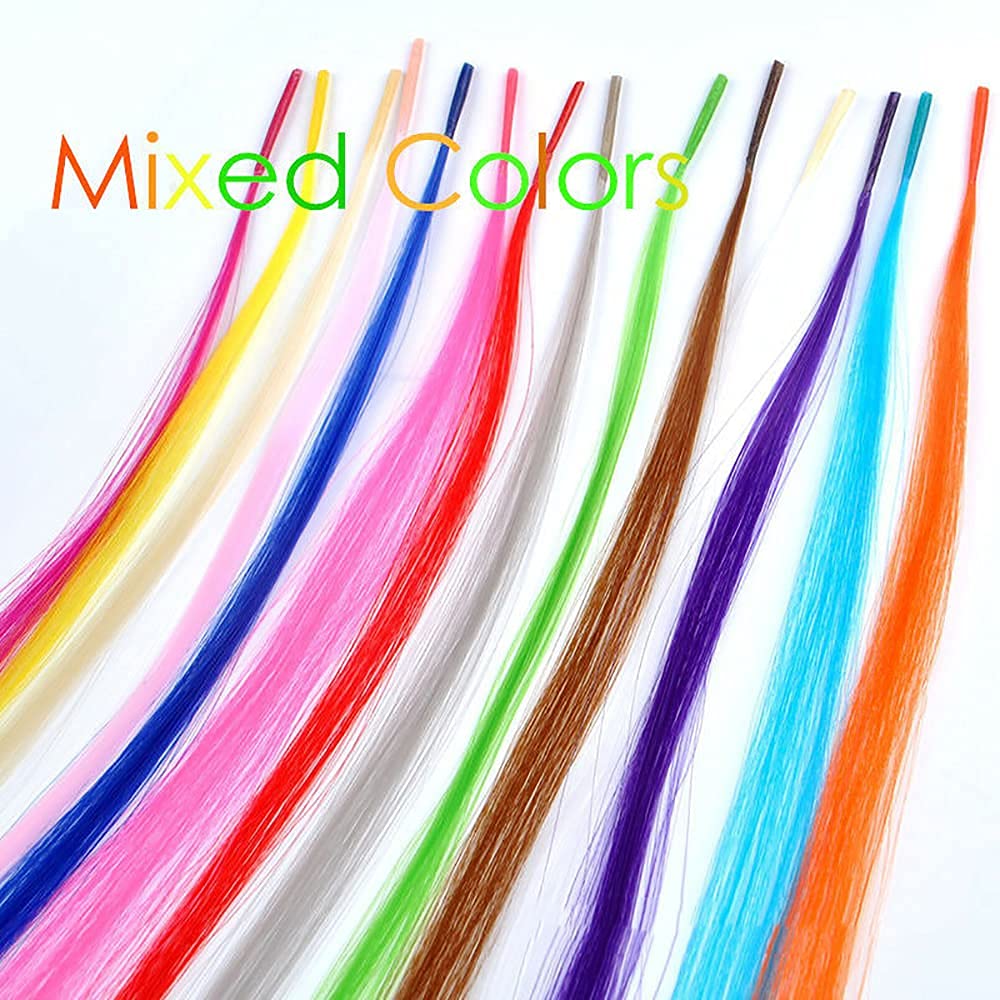 100 Strands 20" Party Colors Hair Extensions Kit I-Tip Fusion Long Straight Hairpieces Synthetic Heat Resistant Highlight Feather Micro Ring Hair Accessories, Include 100 Microbeads with Hook Tool - Image 5