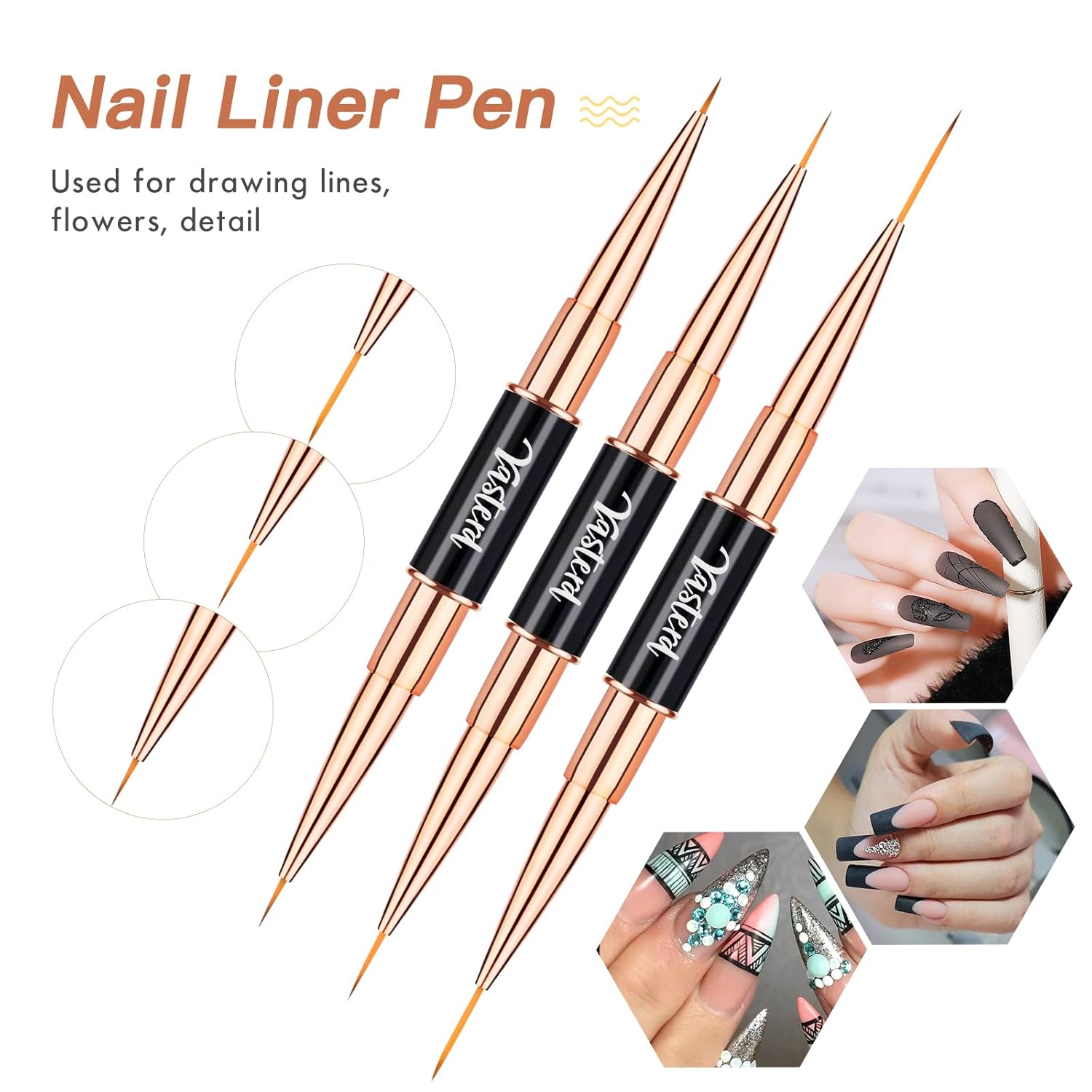 Yasterd Nail Art Brush Set Professional- 5pcs Double-Ended Nail Art Brushes for Long Lines, Thin Liner brush for Nails Detail, Nail Design Brush Ombre Brush 3D Brush Kits for Gel Polish Acrylic Nail Drawing - Image 5
