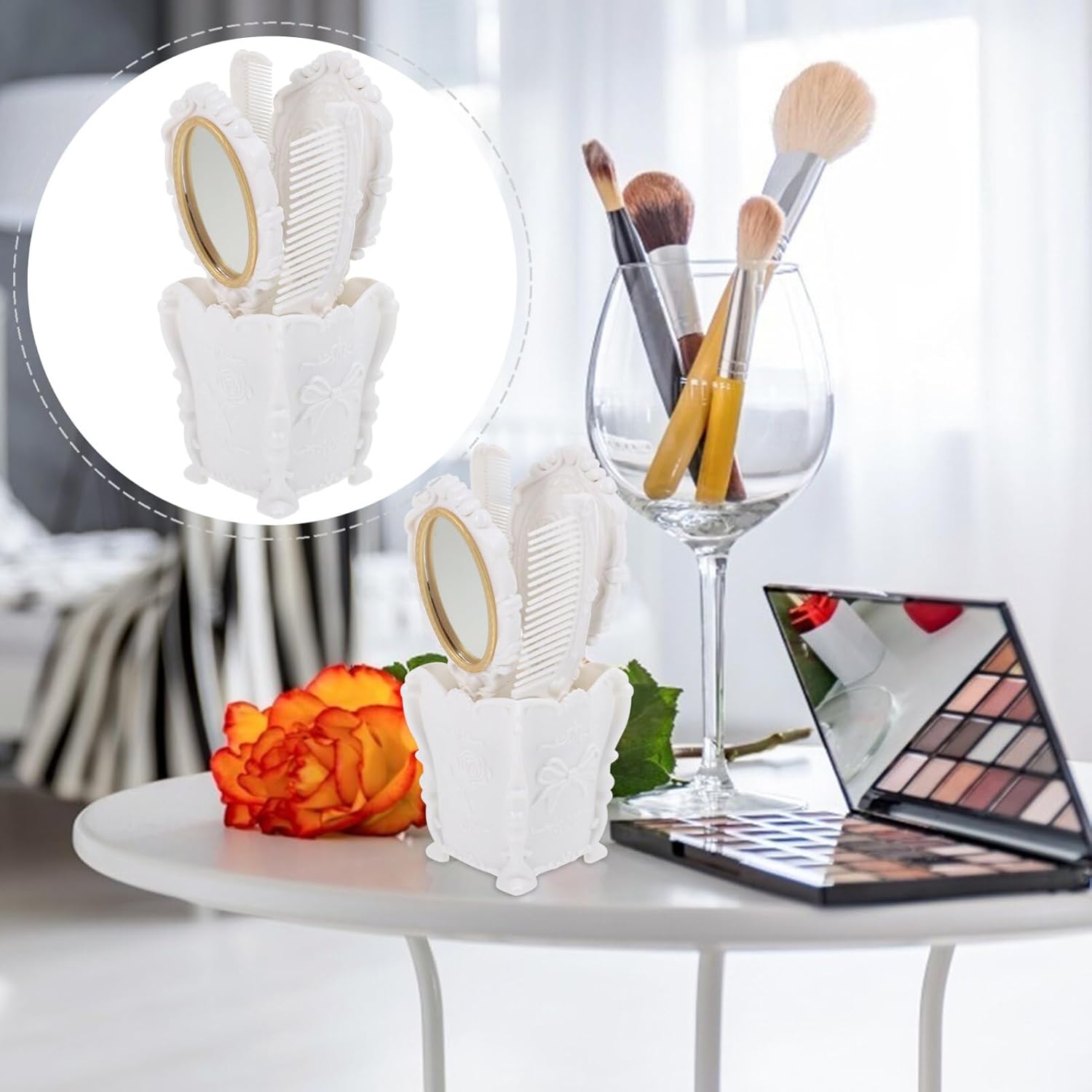 5pcs Vintage Vanity Set with Hand Mirror, Detangling Hair Brush, Rat Tail Comb, and Comb Holder for Makeup (White) - Image 4