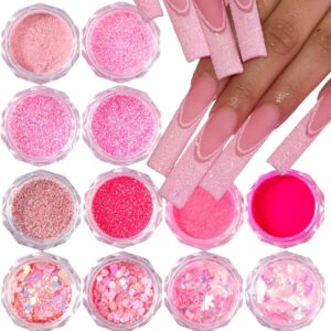 Pink Nail Glitter Powder, 12pcs Nail Art Sequins Dust Set, Holographic Paillette Sparkle Flakes for Acrylic Tips Manicure Decorations