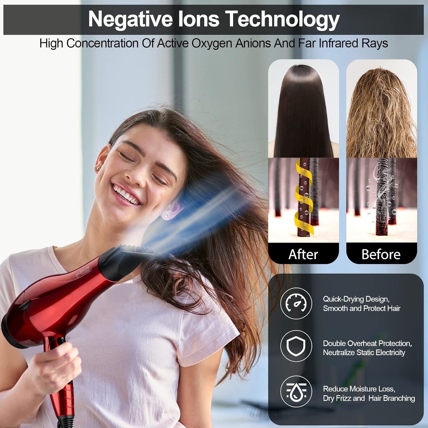 Professional Salon Hair Dryer, 1875W Blow Dryer, 2 Concentrator Nozzles, 3 Heat Settings, 2 Speed Slide Switch, Cool Shot Button, Fast Drying for Family, Low Noise (Cola Red) - Image 4