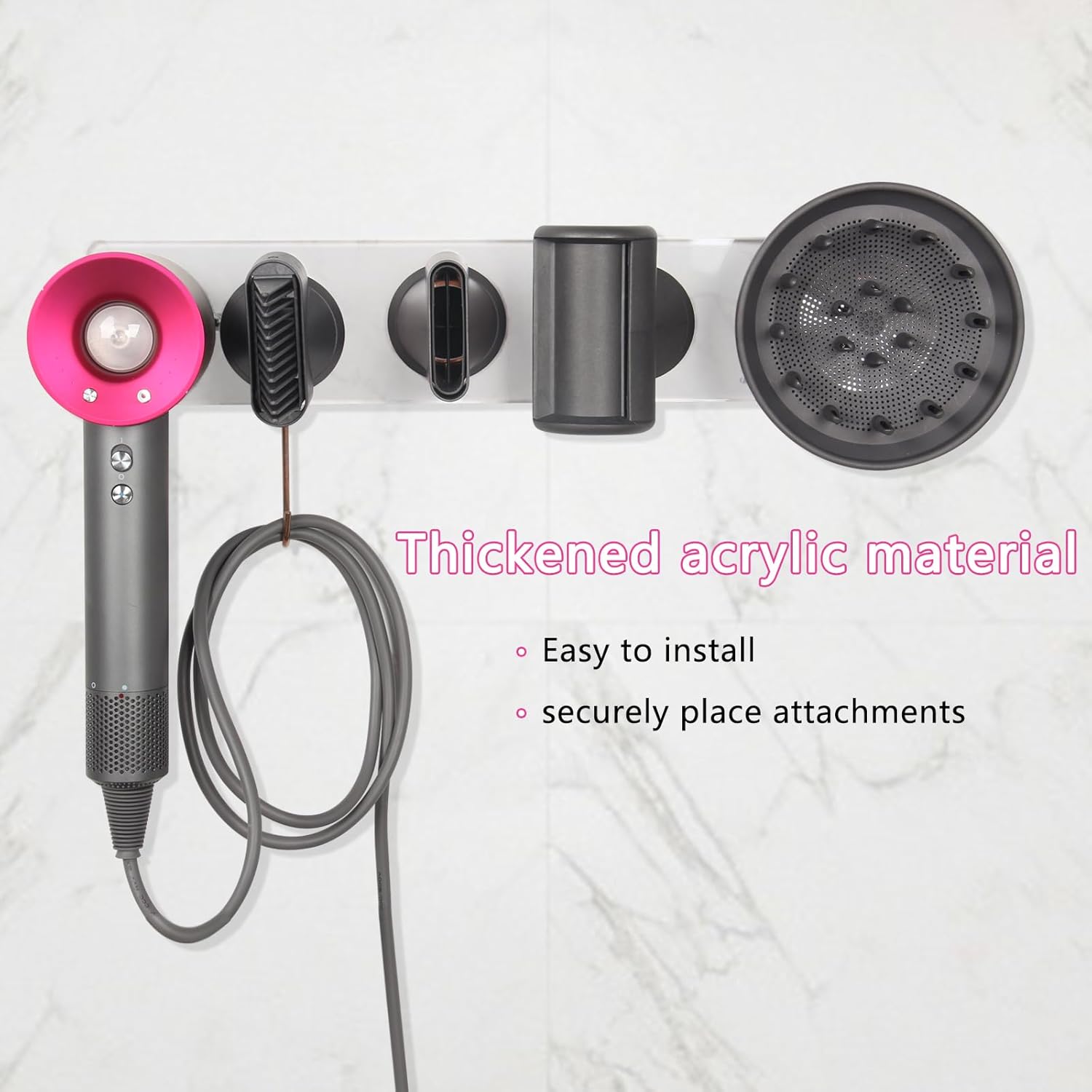 Wall Mount Hair Dryer Holder Compatible with Dyson Supersonic, Hair dryer holder, Acrylic Attachments Organizer with Hooks for Accessories Nozzles, Wide-Tooth Comb, Diffuser (Transparent) - Image 7
