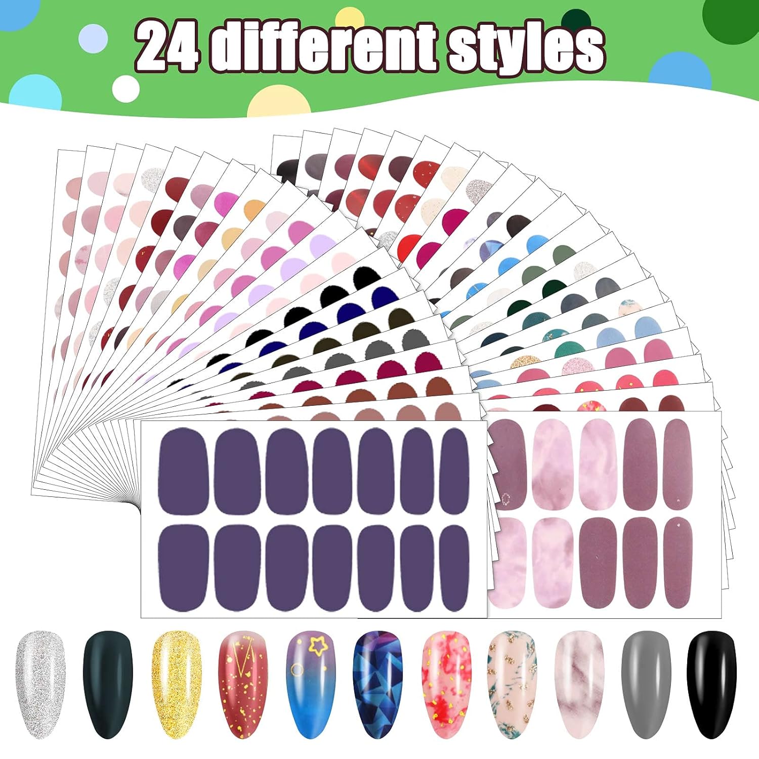 Maitys 560 Pieces 40 Sheets Full Wrap Nail Stickers Nail Polish Strips Decals Self Adhesive Gel Fingernail Strips Art Decals with File for Women DIY Craft Decorations(Bright Style) - Image 3