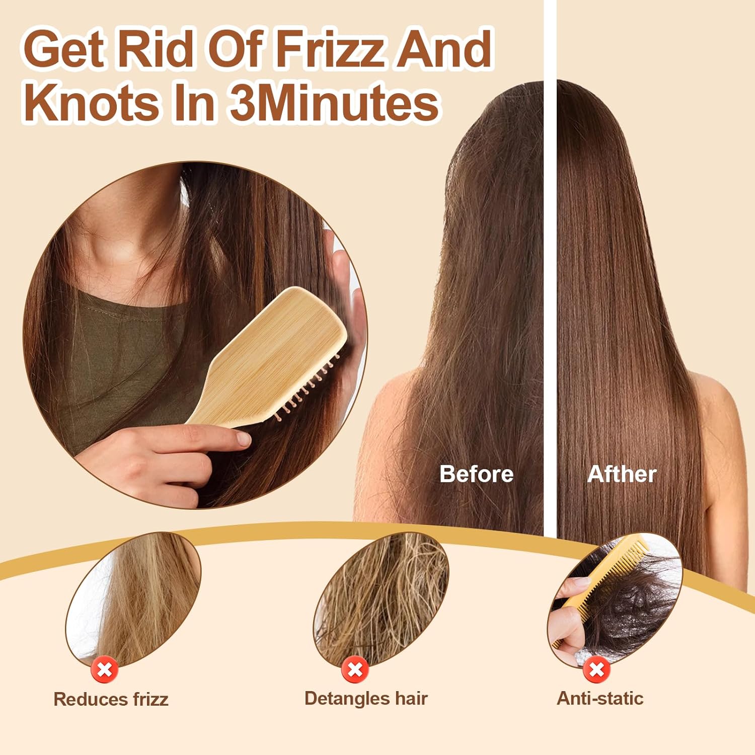 Wooden Bamboo Hair Brush with Wooden Handle and Bamboo Bristles,Reduces Static,Ideal for Dry,Curly,Thick,Thin and Straight Hair - Image 3