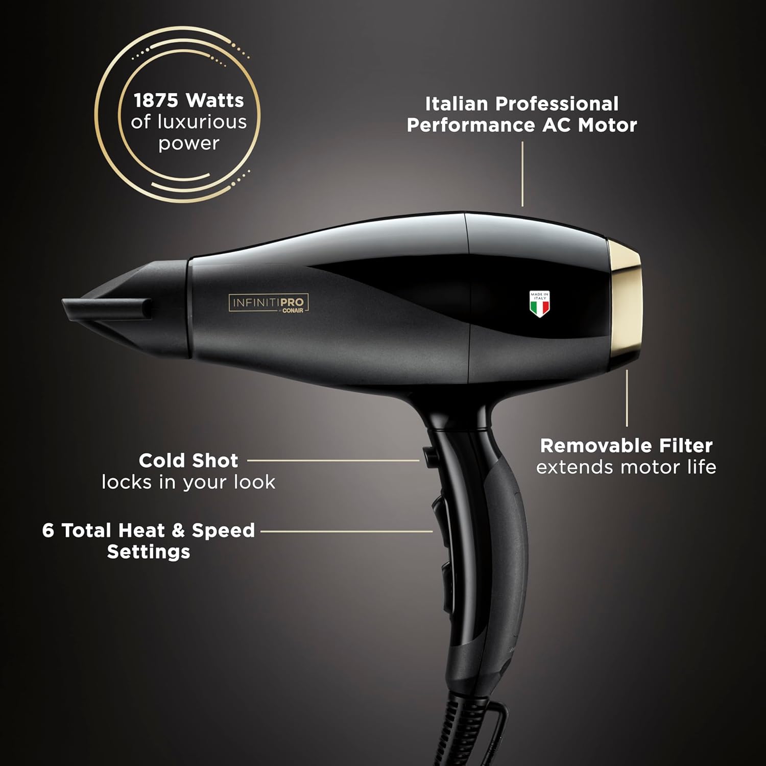 INFINITIPRO by CONAIR ArteBella Hair Dryer | Italian Performance Hair Dryer with Diffuser | Luxurious Experience and Ultra-Fast Drying Power Hair Blow Dryer - Image 5