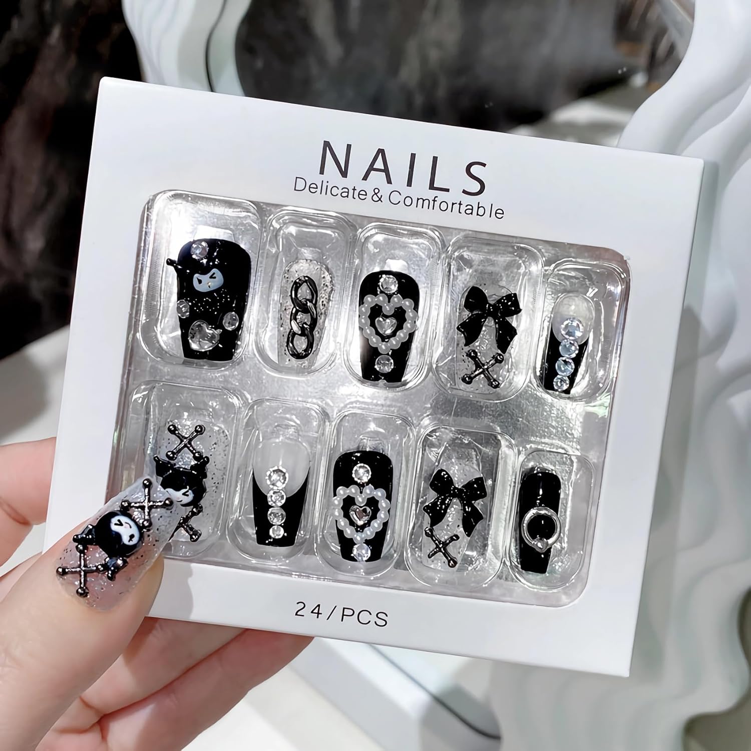 BABALAL Press on Nails Medium Coffin Fake Nails Black French Tip Glue ons Nails Cute Bow Anime Heart Charm Design Acrylic Nails 24Pcs Luxury Bling Ballerina Manicure DIY False Nails - Image 5