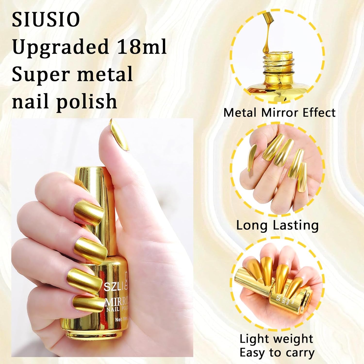 SIUSIO 18ml Mirror Nail Polish, Bright Colorful Metallic for Nail Art, Longlasting Mirror Effect Glue, Gorgeous Reflective Manicure Lacquers, 0.61 fl oz-Gold - Image 3
