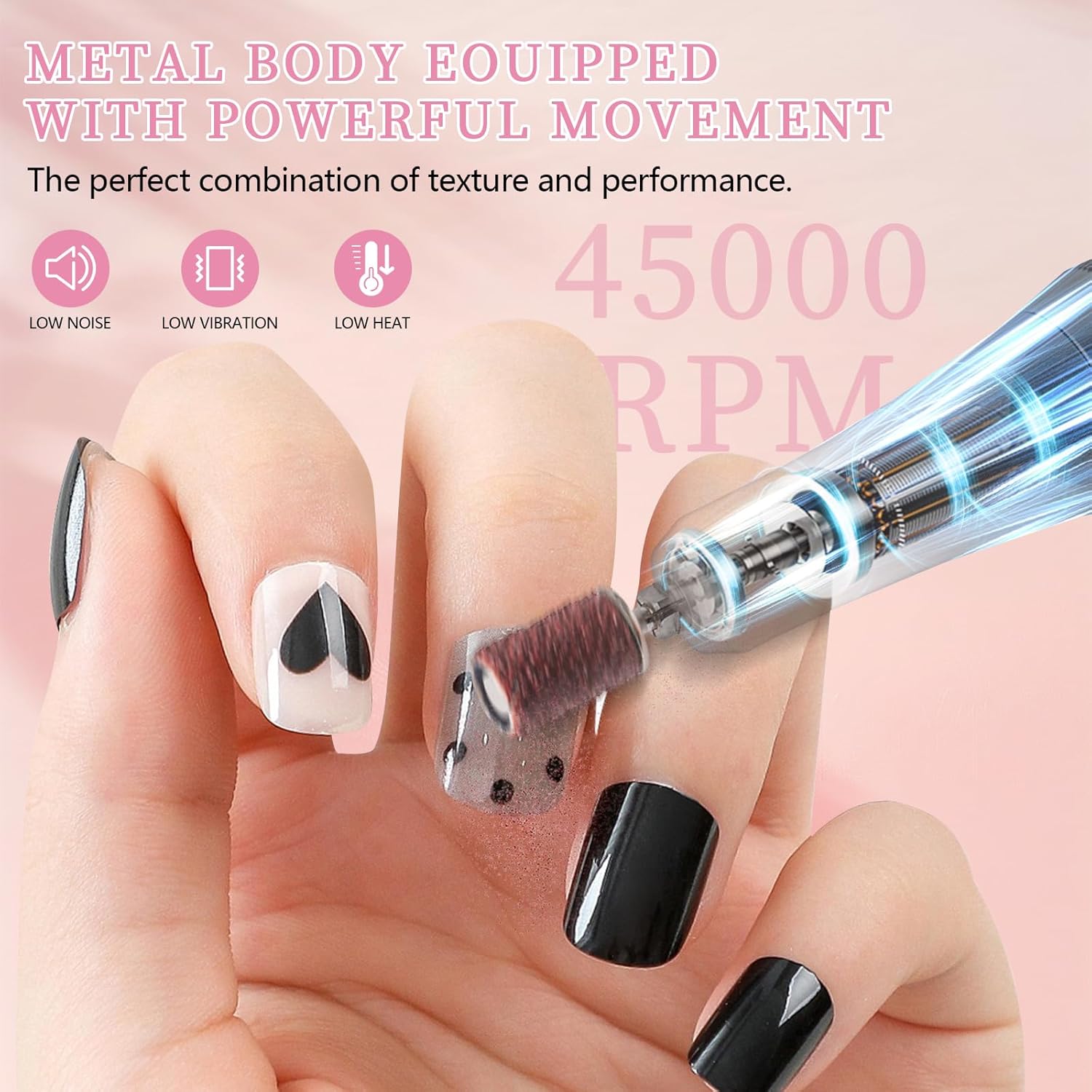Electric Nail File Professional Kit - 45000RPM Portable Nail Drill Electric File with 11 Bits & Base丨LED Screen丨Ultra-Silent, Rechargeable Nail Drills Machine for Acrylic Nails Gel Polishing (Pink) - Image 3