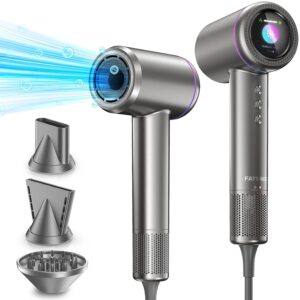 Hair Dryer with Diffuser, 150,000 RPM High Speed Negative Ionic Blow Dryer for Fast Drying, Low Noise, 4 Temps & 3 Speeds, Thermo-Control Hair Dryer with 2 Magnetic Nozzle for Home Travel