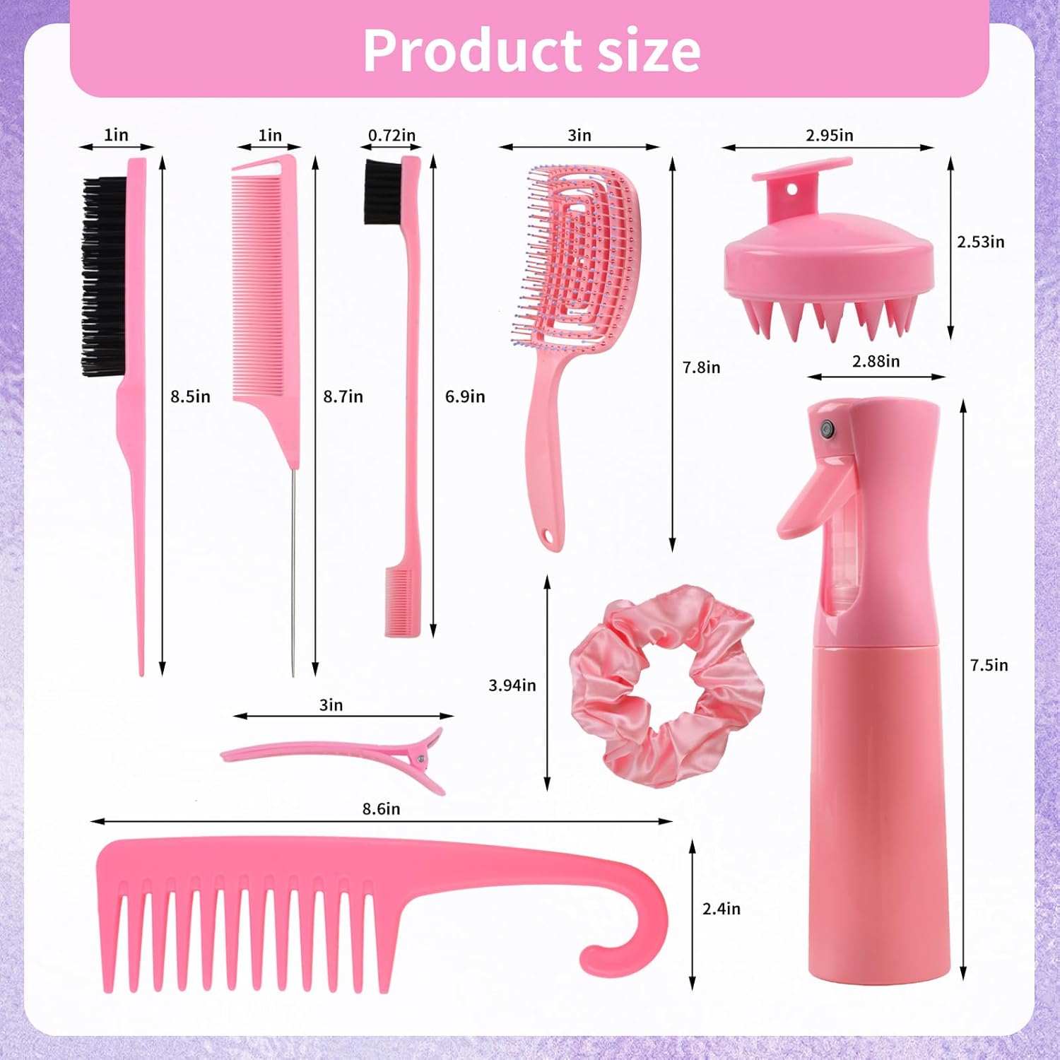 Hair Brush Set, 12 pcs Detangler Brush with Hair Spray Bottle, Scalp Massager for Wet Dry Curly Hair, Bristle Hair Brush Hair Comb for Women Girl (Pink, Purple) - Image 2